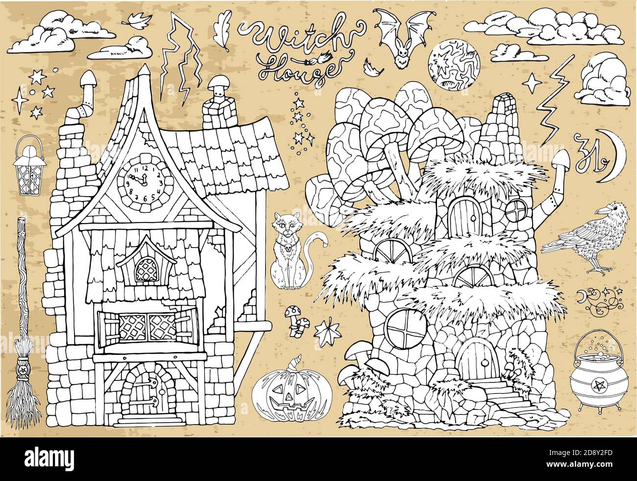 Set von gruseligen Halloween traditionelle Symbole und Objekte mit Hexenhaus, Katze, Besen und 
