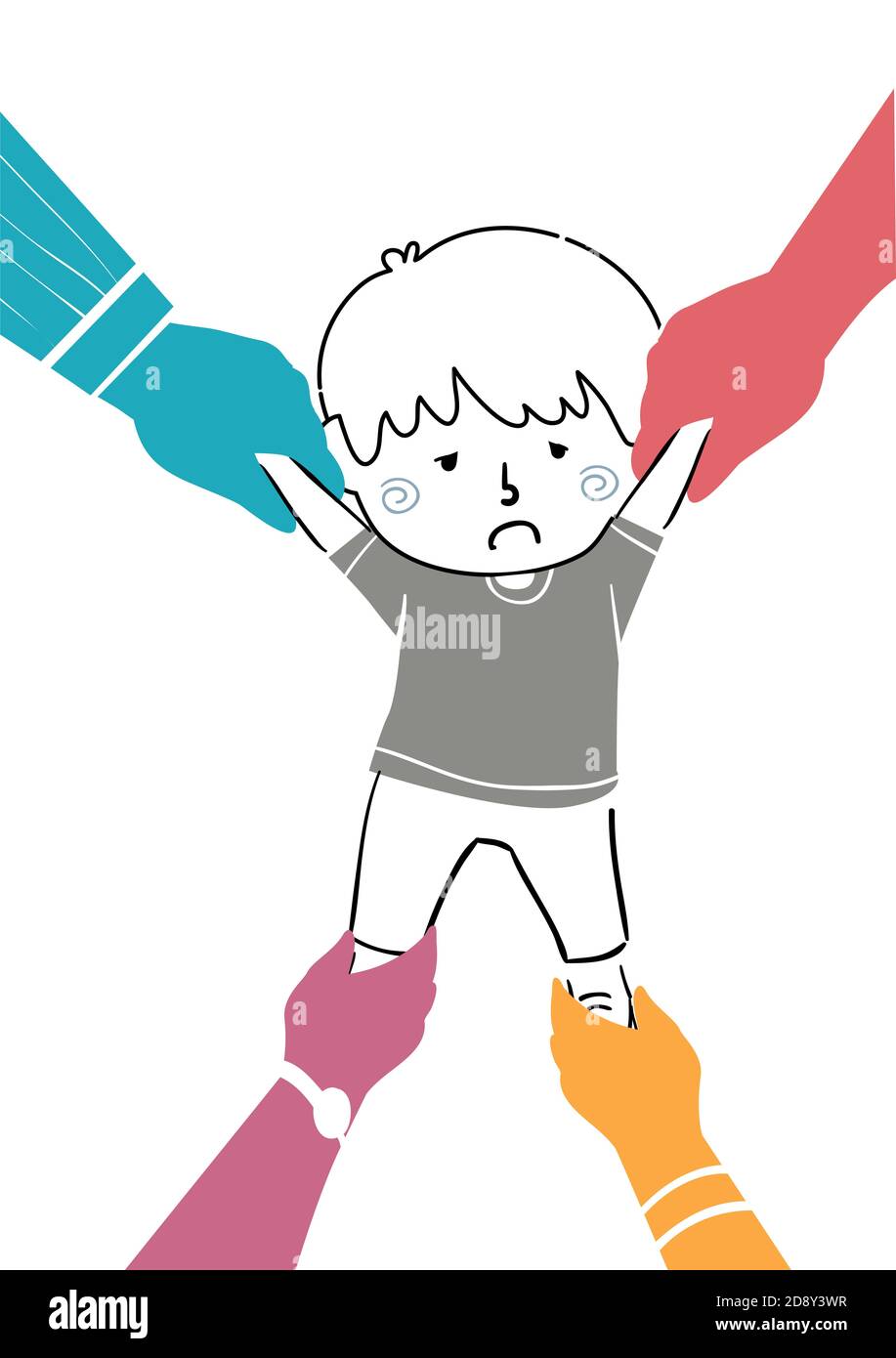 Illustration eines traurenden und verwirrten Kid Boy, der gezogen wird Durch verschiedene Erwachsene Hände Stockfoto