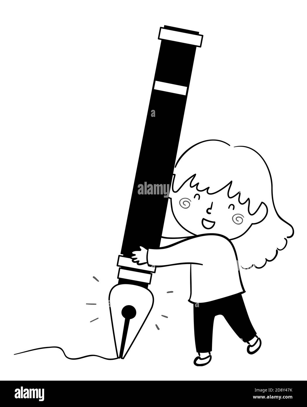 Illustration eines Kid Girl Doodle Holding und mit einem Großer Füllfederhalter Stockfoto