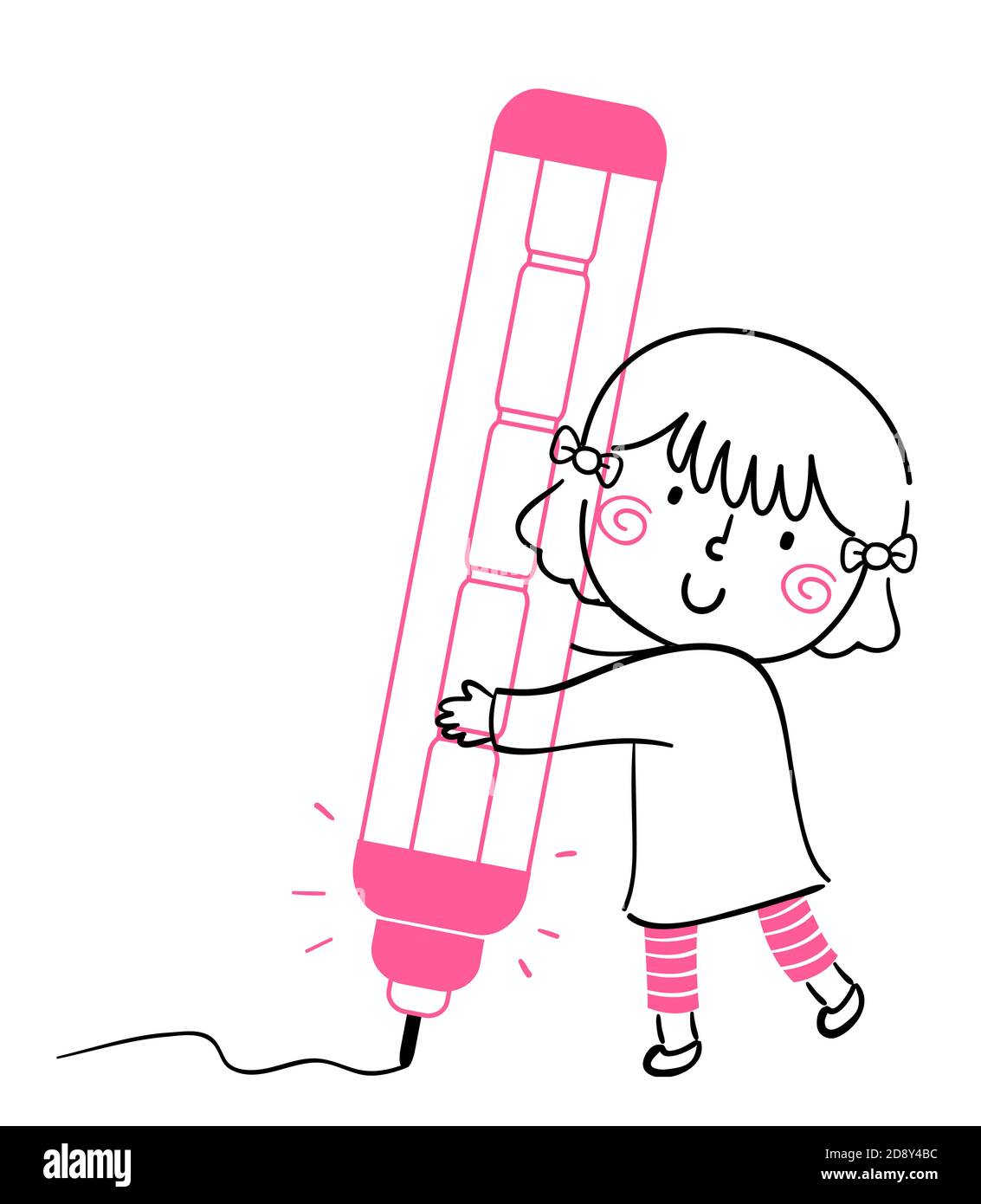Illustration eines Kid Girl mit einem großen mechanischen Bleistift Stockfoto