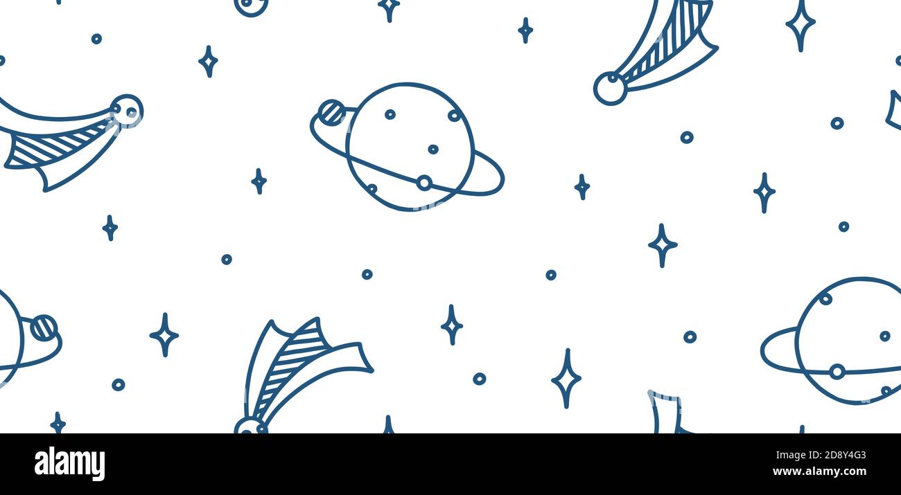 Raumkritzel mit Planeten, Mond, Sternen und Kometen. Weltraum nahtloses Muster. Handgezeichnete Vektorgrafik im Doodle-Stil Stock Vektor
