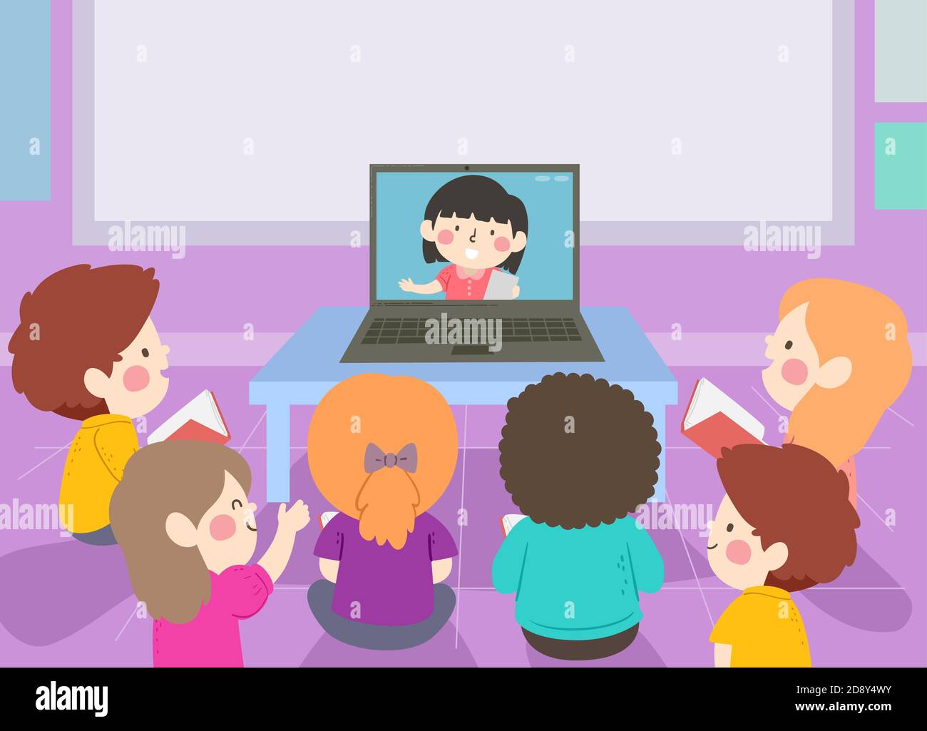 Illustration von Kids Students Watching a Fellow Classmate von Laptop Während Des Unterrichtsvorgangs Stockfoto