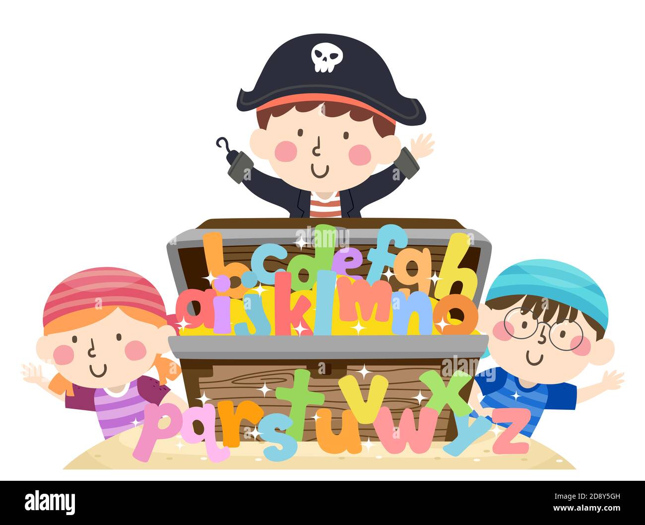 Illustration der Kinder Piraten winken mit einer offenen Schatzkiste Voller Buchstaben des Alphabets Stockfoto