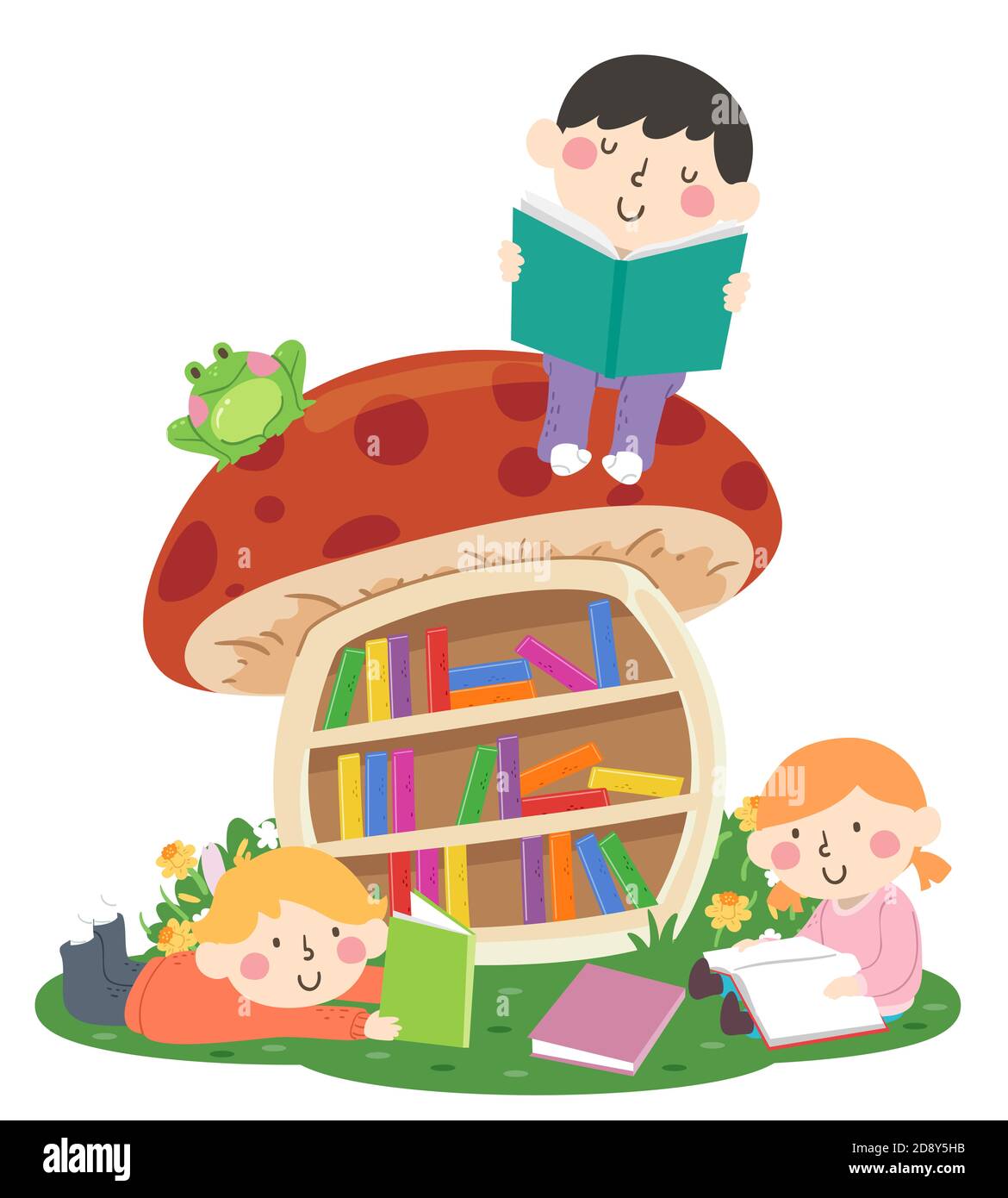 Illustration von Kindern ein Buch lesen im Freien Neben Pilz Bücherregal Mit Büchern Stockfoto