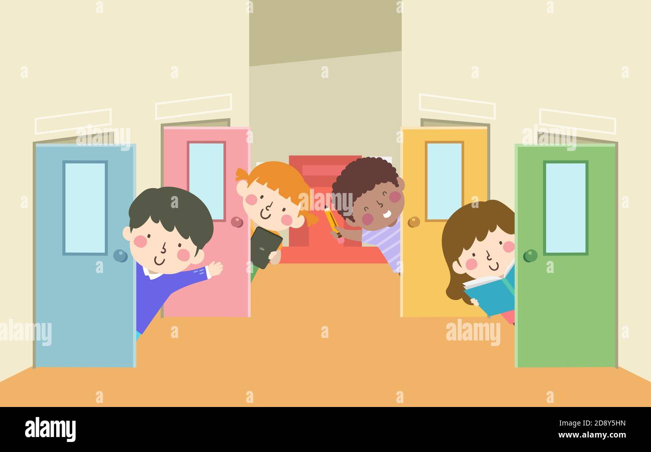 Illustration von Kindern Studenten begrüßen, winken und Peeking von innen Türen In der Schule Stockfoto
