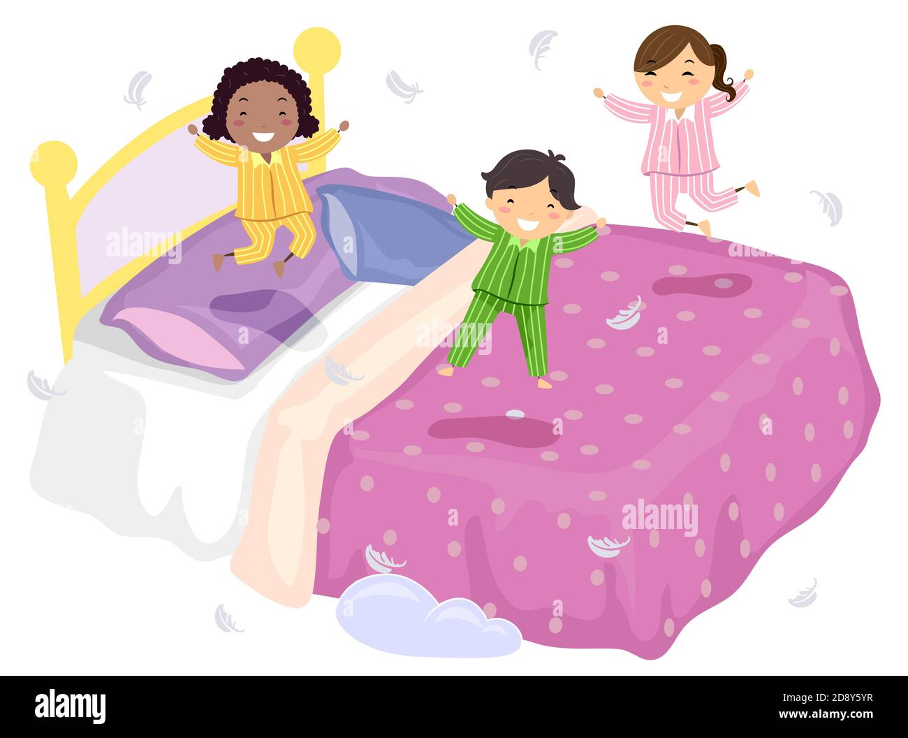 Illustration von Stickman Kids im Schlafanzug Jumping on a Big Bett mit Federn, die herumschweben Stockfoto