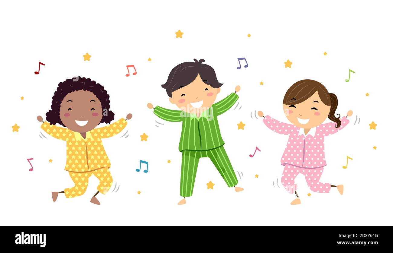 Illustration von Stickman Kids tragen Pyjamas und Dancing to Music Viel Spaß Stockfoto
