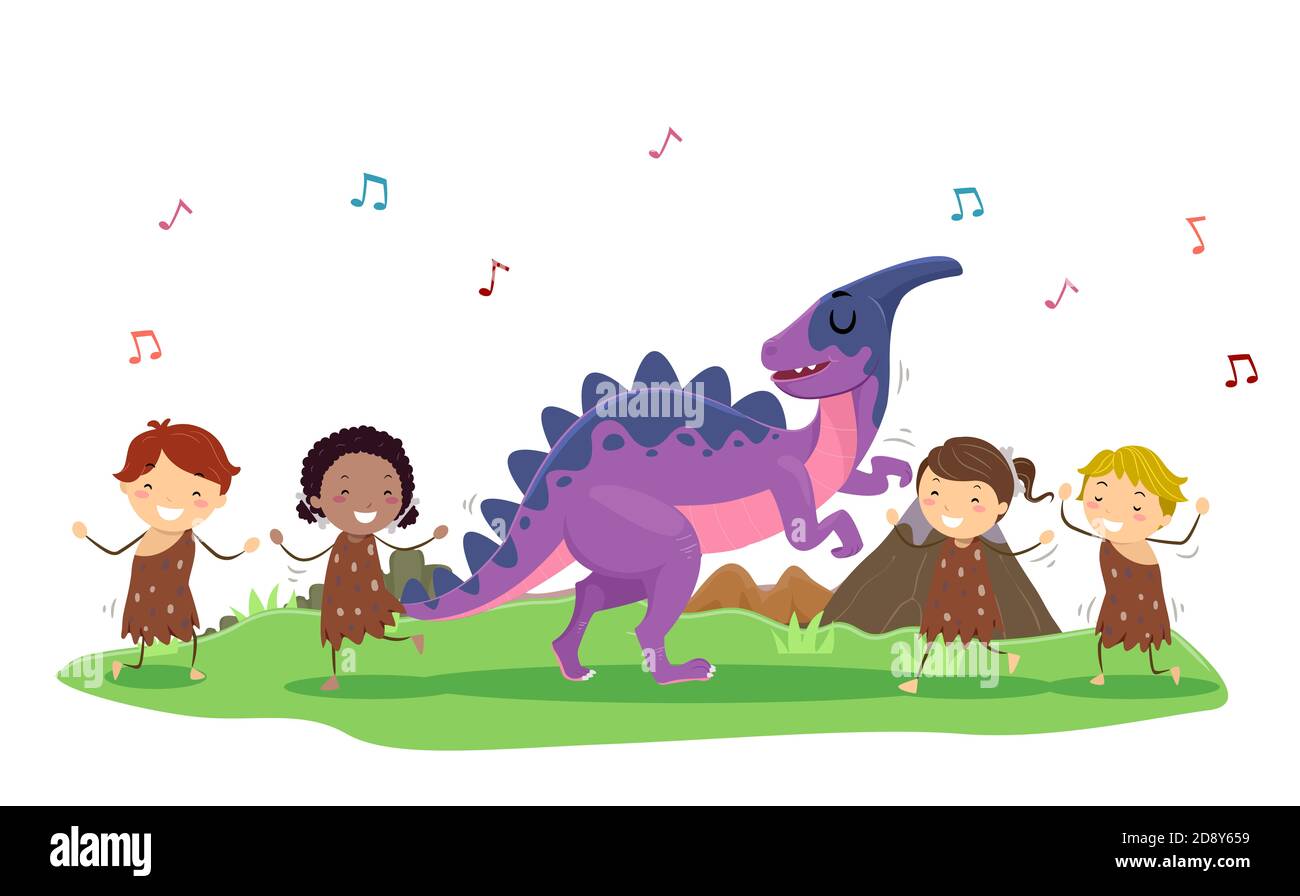 Illustration von Stickman Kids Dancing to Music mit einem Parasaurolophus Dinosaurier Maskottchen Stockfoto