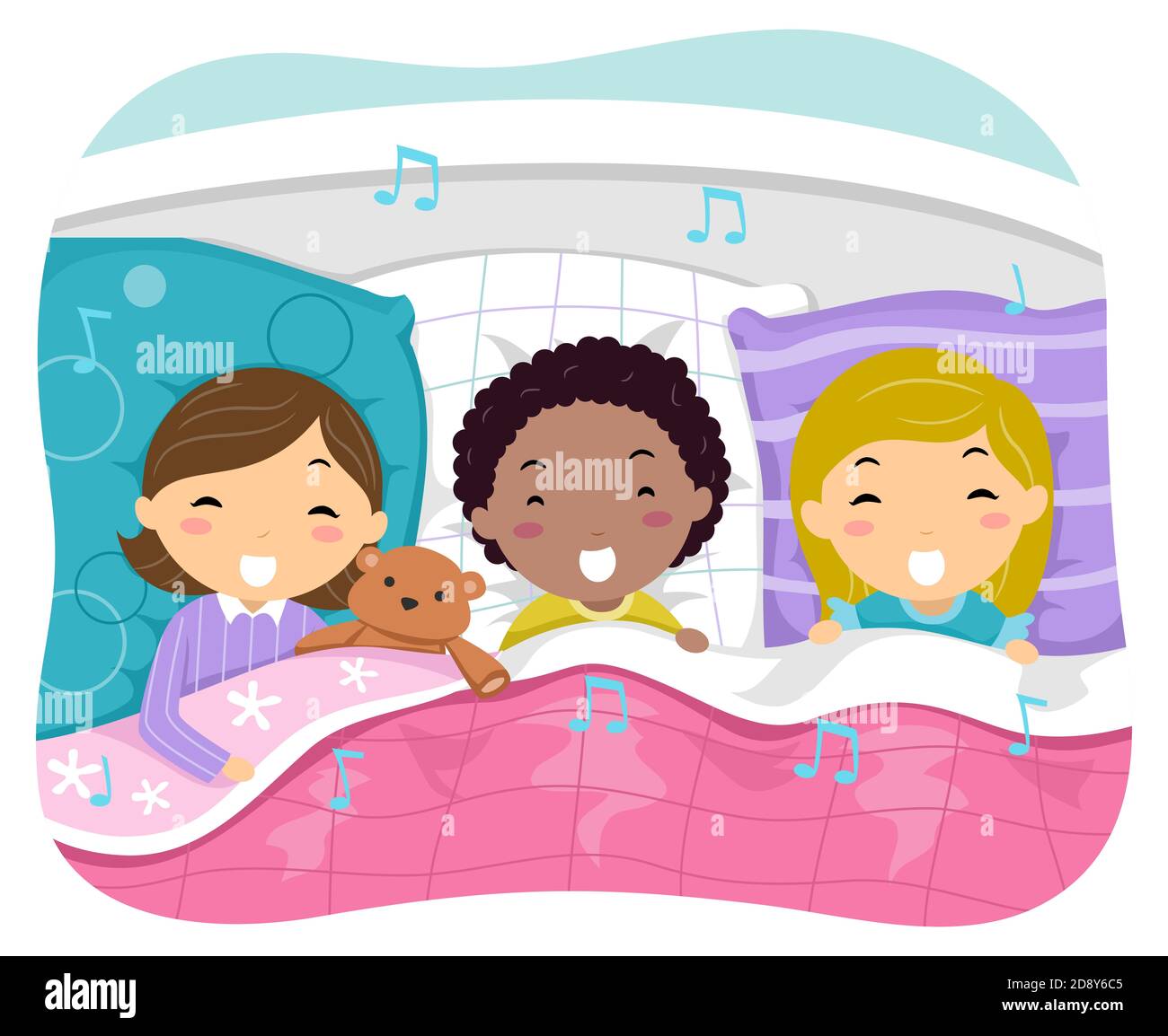 Illustration von Stickman Kinder Mädchen singen Bett Zeit Lieder in Bett mit Musiknotizen Stockfoto