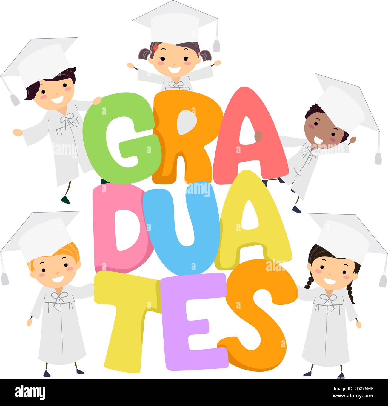 Illustration von Stickman Kids Students in Graduation Caps and Gown Mit Graduates Schriftzug Stockfoto