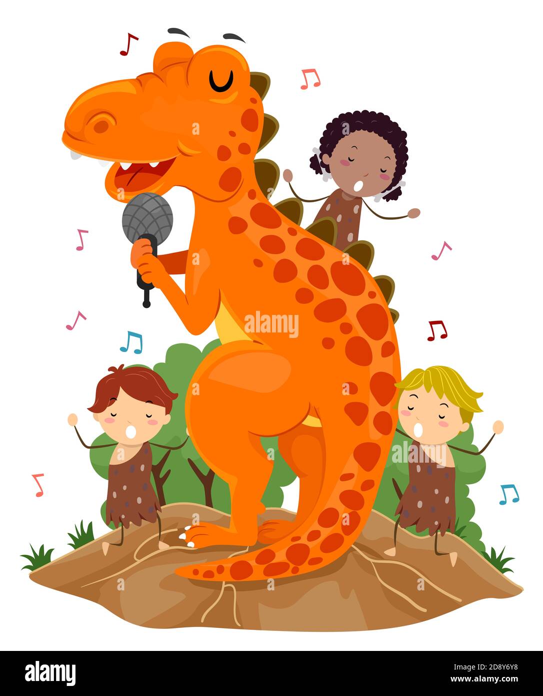 Illustration von Stickman Kids Caveman singen mit einem T Rex Dinosaurier Maskottchen Stockfoto