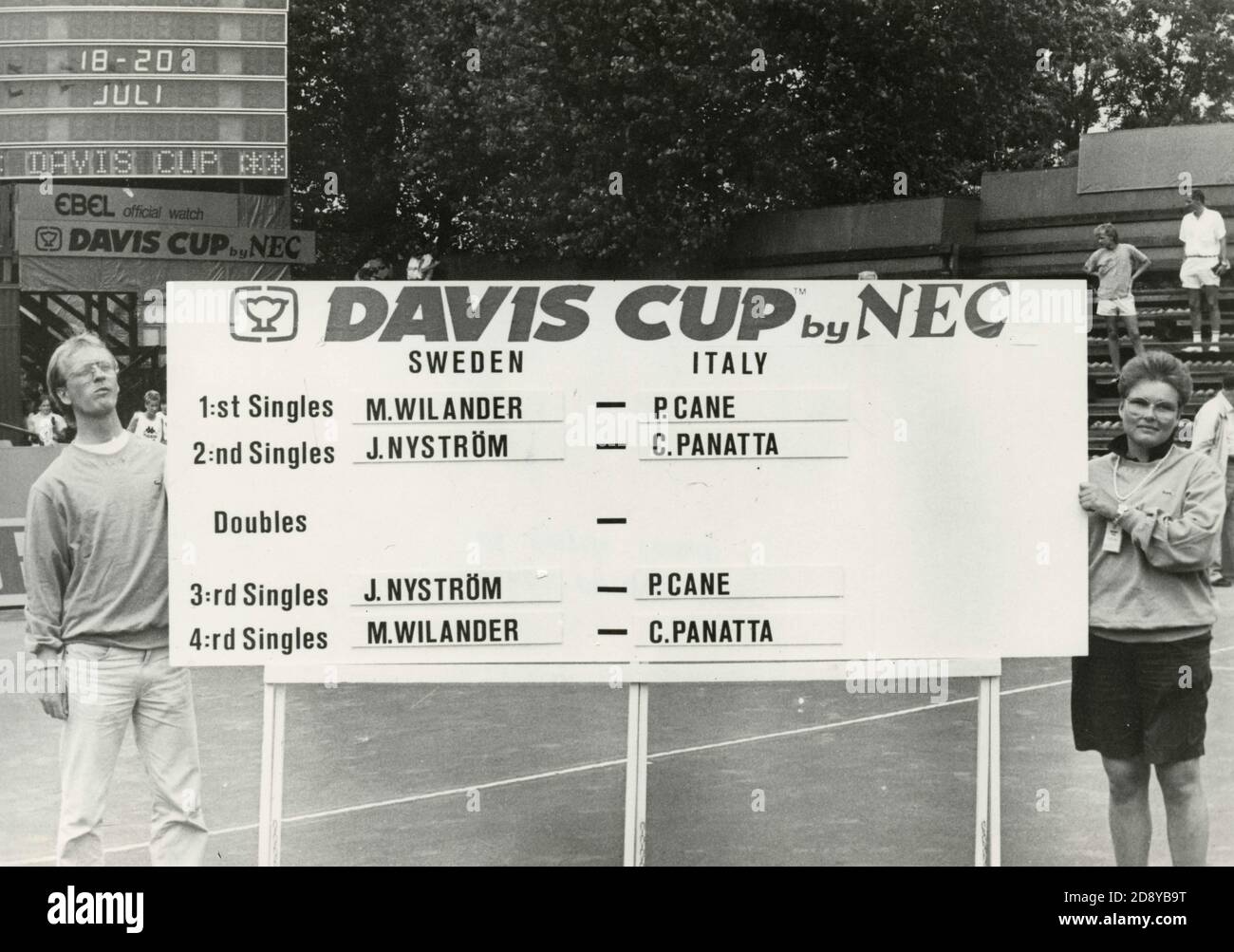 Plakatwand beim Davis Cup Spiel vor Italien-Schweden, Prato, Italien 1987 Stockfoto