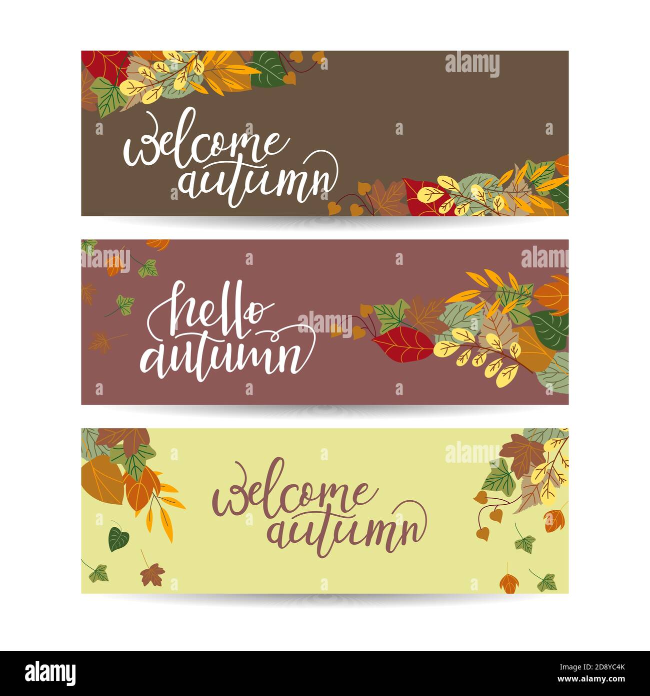 Vector Set von Herbst Banner. Drei Vorlagen für Ihr Design. Verschiedene helle Herbstblätter und Hand-Schriftzug. Es gibt Orte für Ihren Text auf weiß Stock Vektor