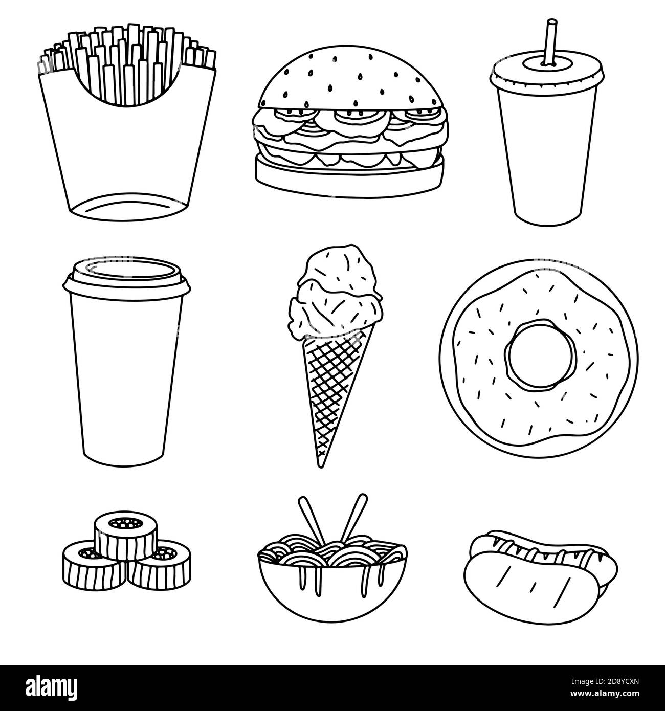 Fastfood-bezogene handgezeichnete Doodles: Pommes, Burger, Getränk, Kaffee, Eis, Donut, Sushi, Nudeln und Hot-Dog isoliert auf weißem Hintergrund Vektor i Stock Vektor