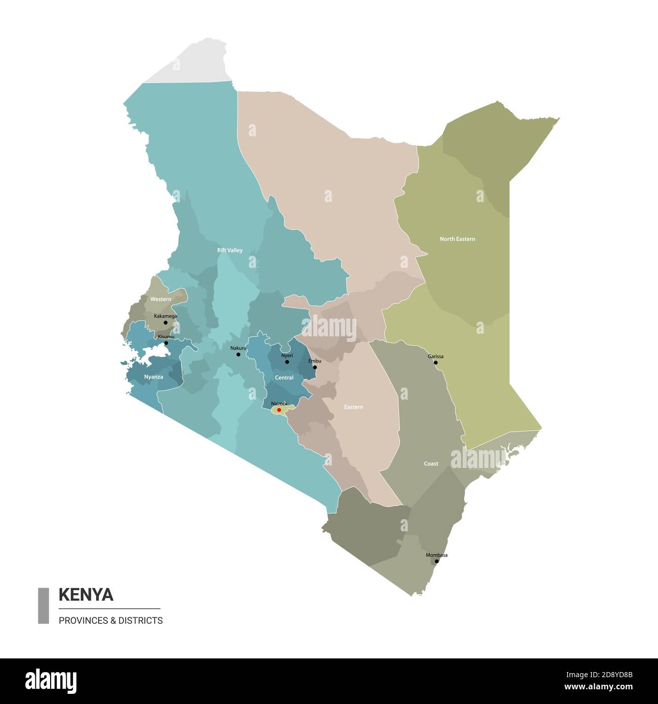 Kenia hat detaillierte Karte mit Unterteilungen. Verwaltungskarte von Kenia mit Bezirken und Stadtnamen, farbig nach Bundesstaaten und Verwaltungsbezirken. Stock Vektor
