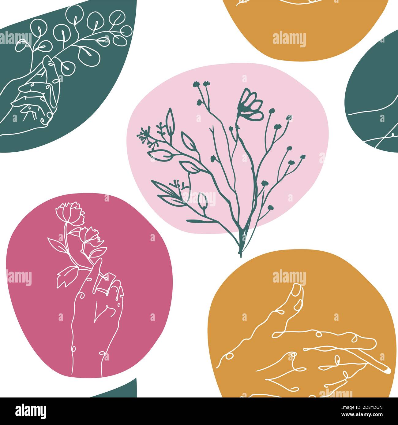 Vektor Linie Art Stil nahtlose Muster mit floralen Motiven. Linie Hand mit Zigarette, Hand halten Blume und Blume. Handästhetik Stock Vektor
