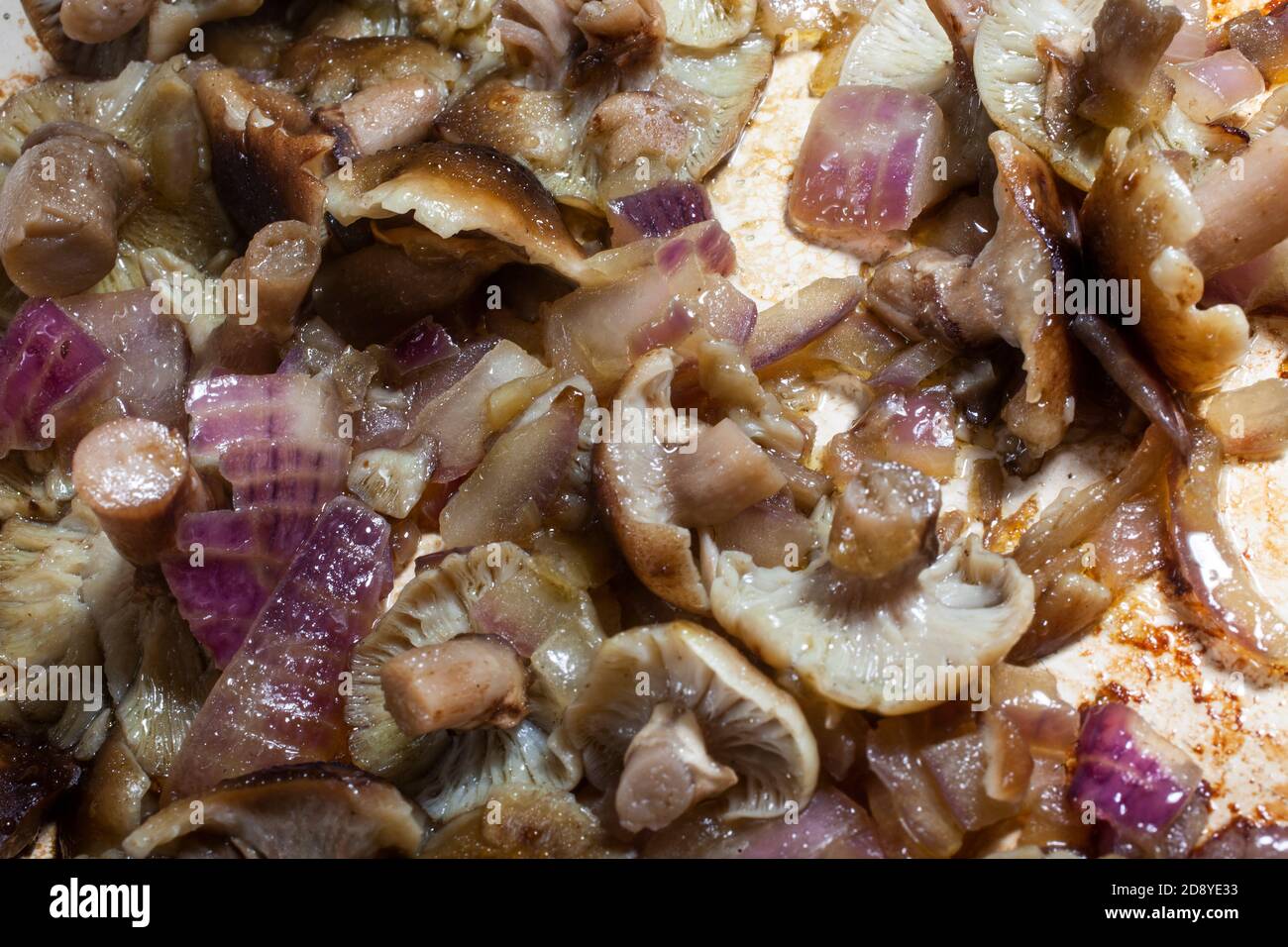 Detail Foto von oben derummantelten Holz Tuft Pilz Tops mit Zwiebel in Olivenöl gebacken Stockfoto