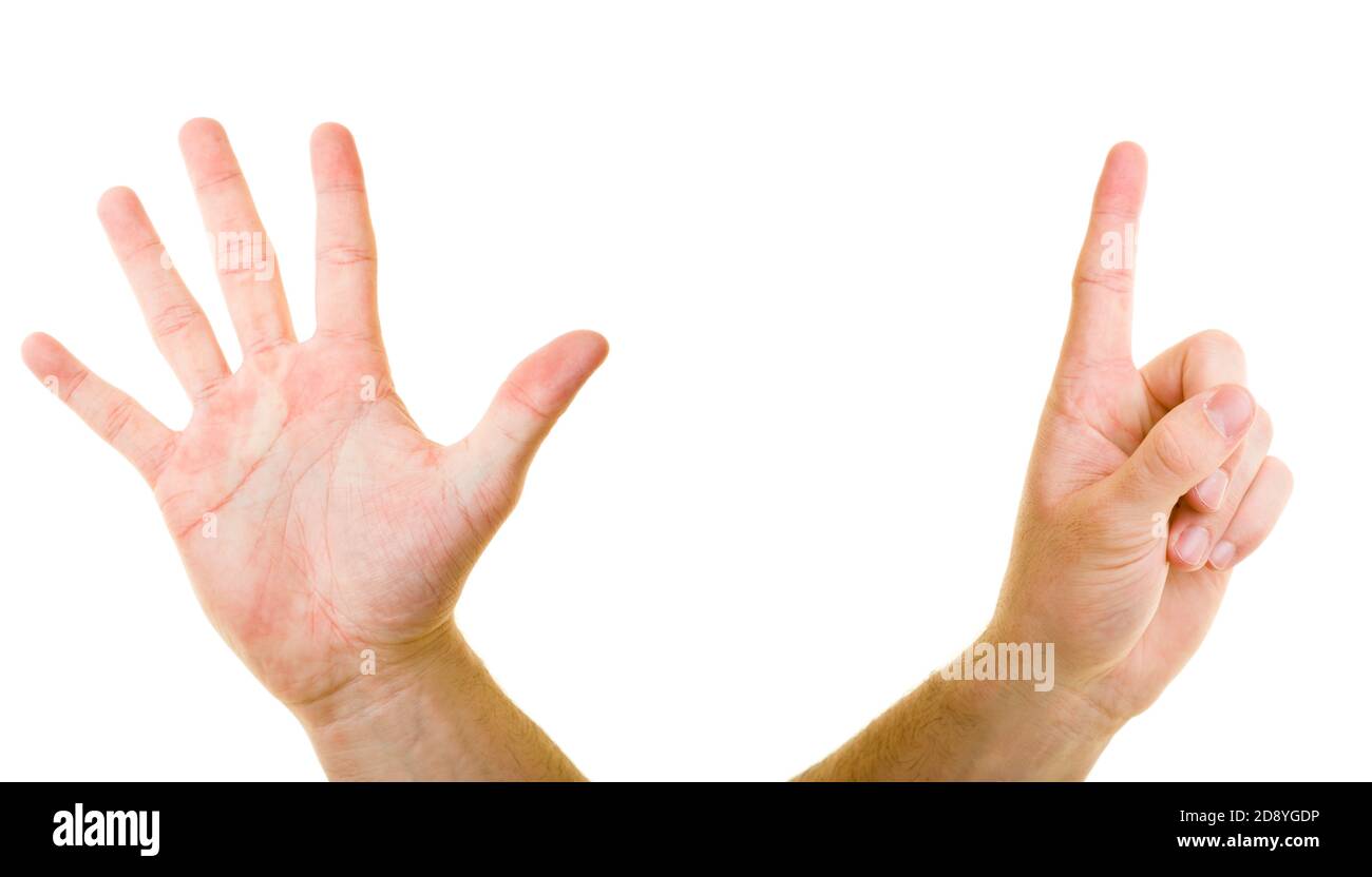 Zwei Hände zeigen sechs Finger Stockfoto