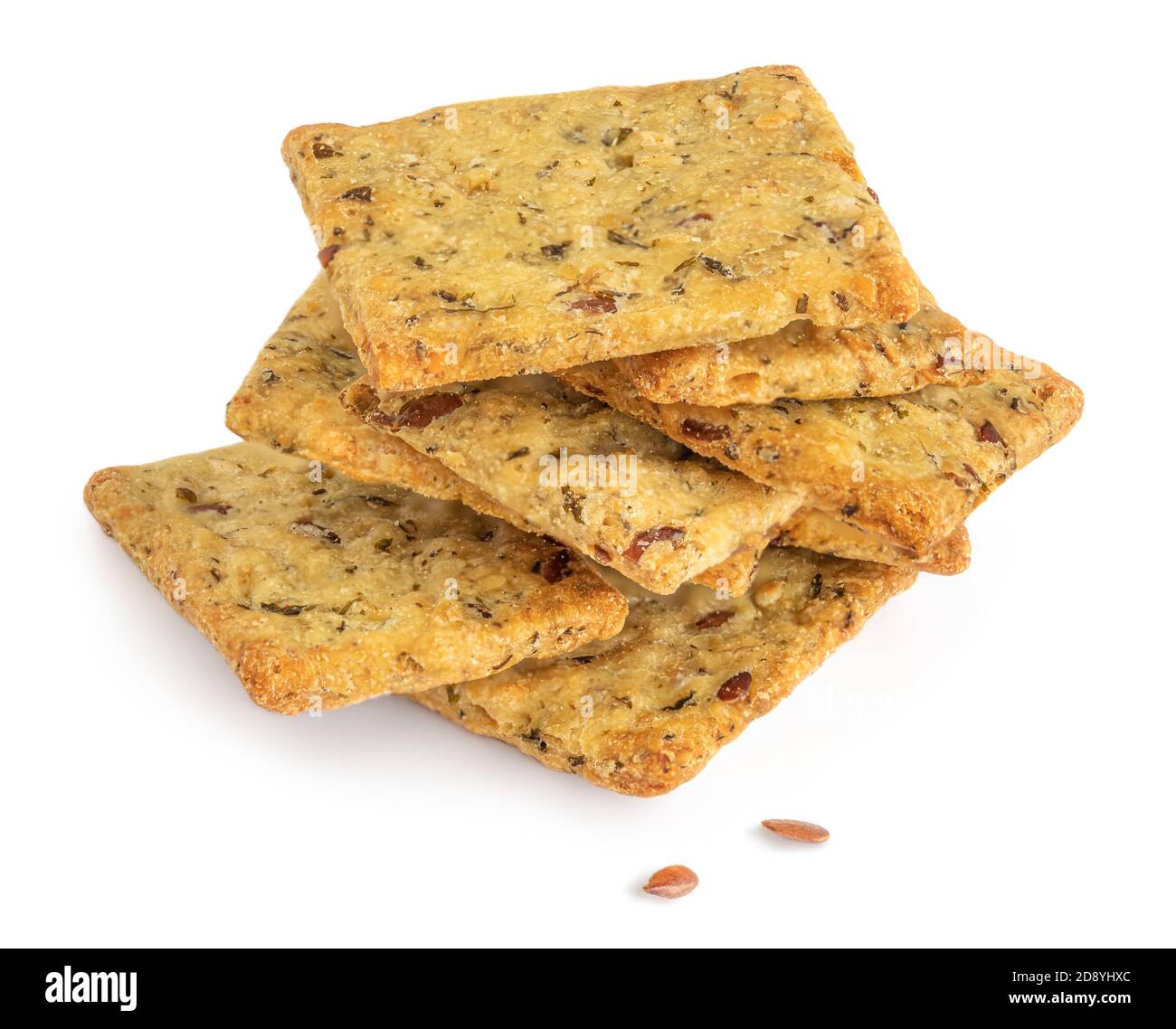 Cerealien-Cracker auf weißem Hintergrund isoliert. Knusprige Brote mit Sesam und Leinsamen, Nahaufnahme Stockfoto