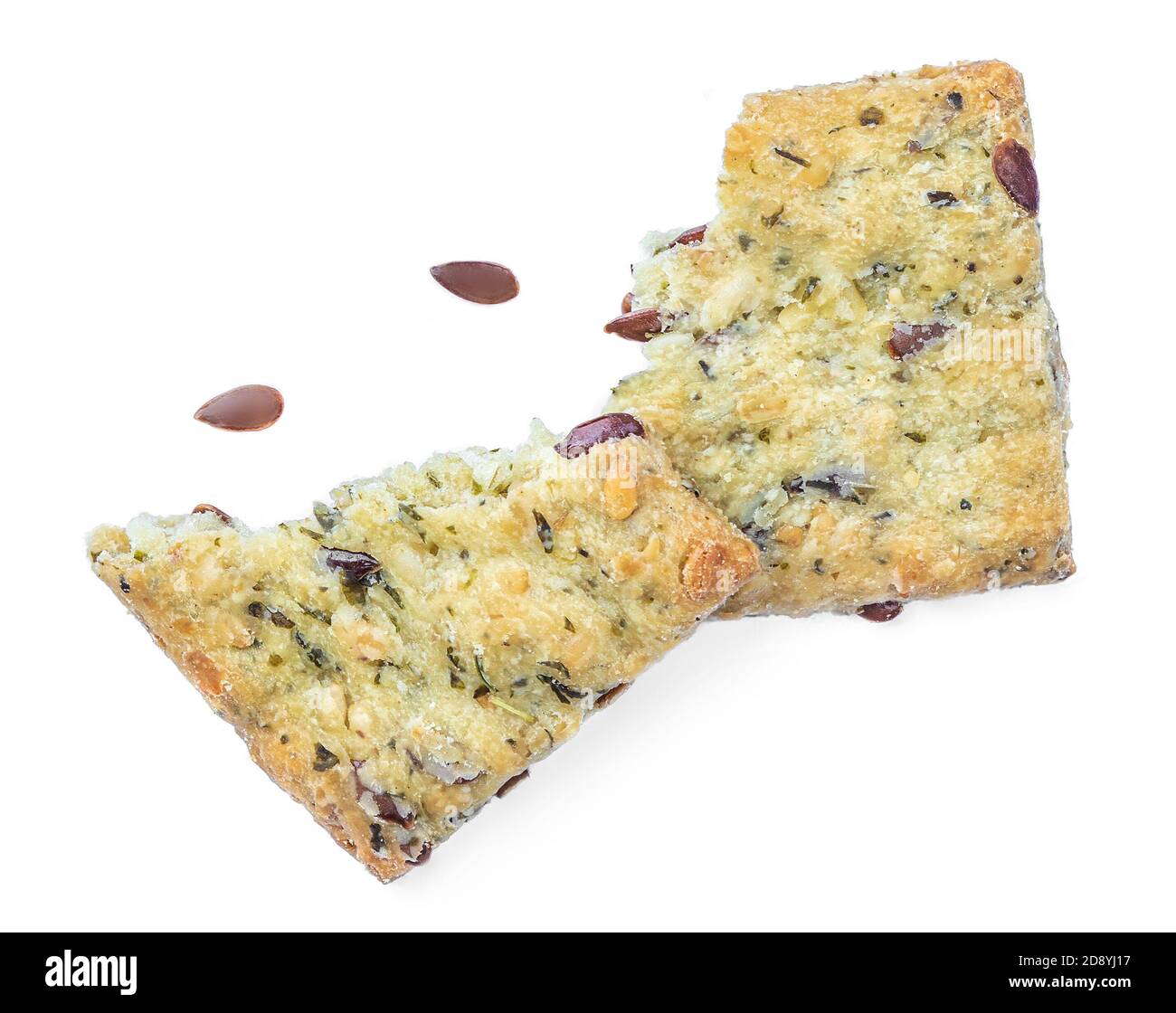 Gesalzene knusprige Cracker mit Sesam, Rosmarin und Sonnenblumenkernen isoliert auf weißem Hintergrund. Draufsicht Stockfoto