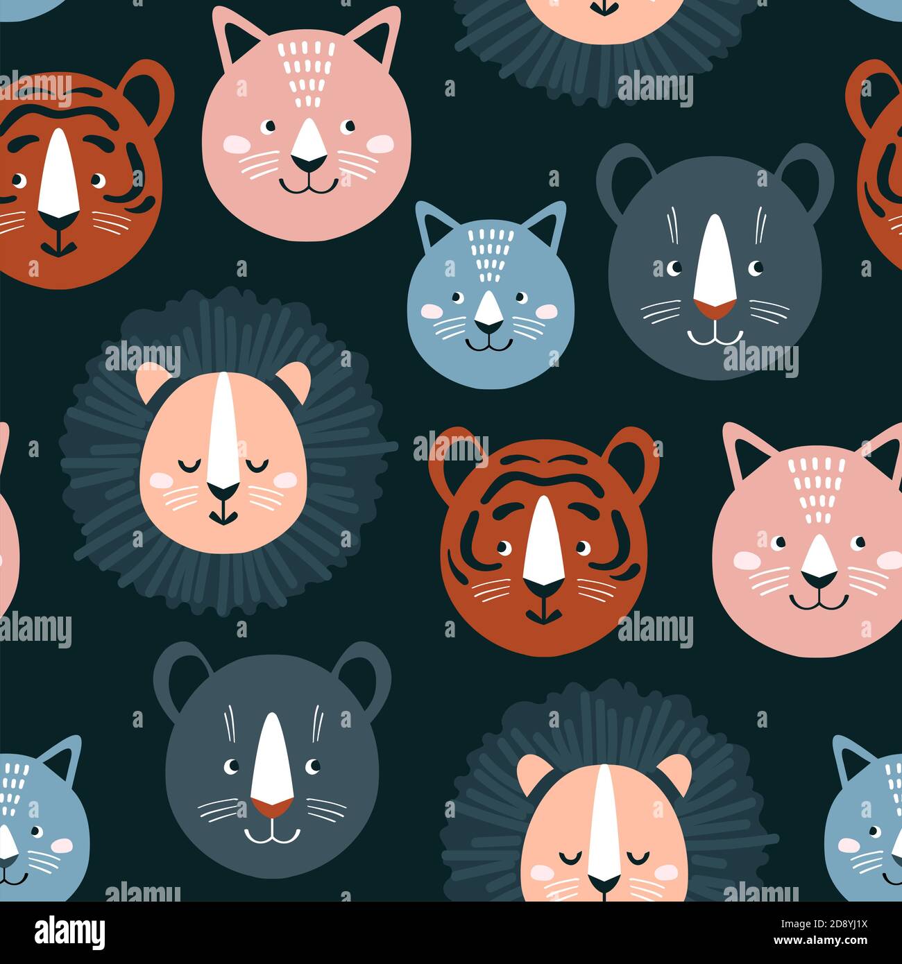 Kindisch nahtloses Muster mit handgezeichneten Löwen, Tigern und Katzen. Kreative Kinder für Stoff, Verpackung, Textil, Tapete, Kleidung. Vektorgrafik Stock Vektor