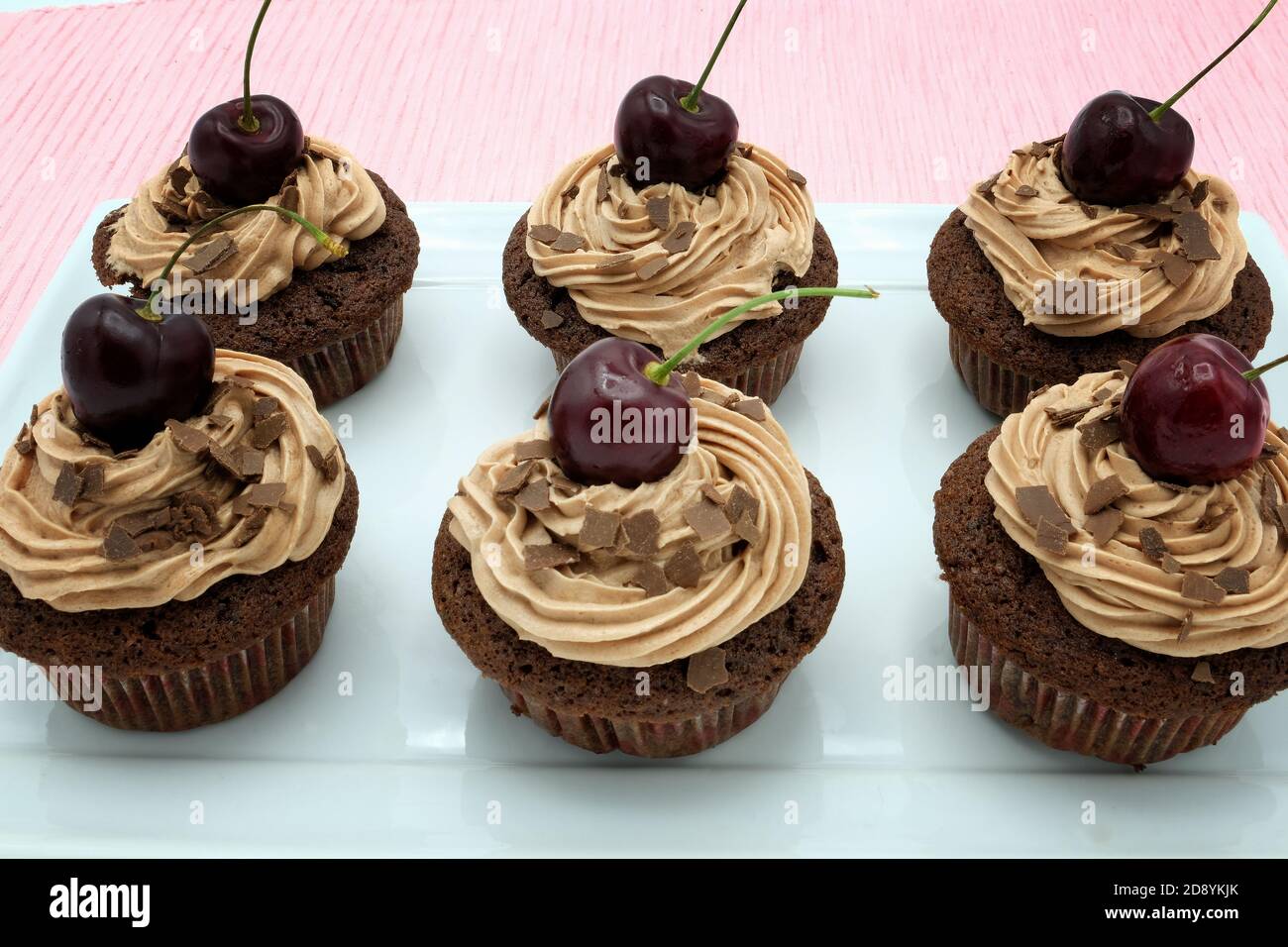Cupcakes aus schwarzer Kirschschokolade Stockfoto