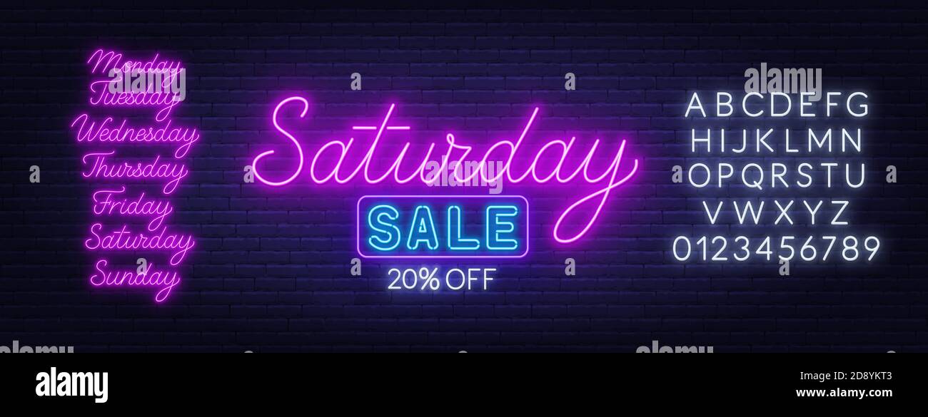 Samstag Verkauf Neon-Zeichen auf Backstein Wand Hintergrund. Vorlage für Rabatt. Stock Vektor