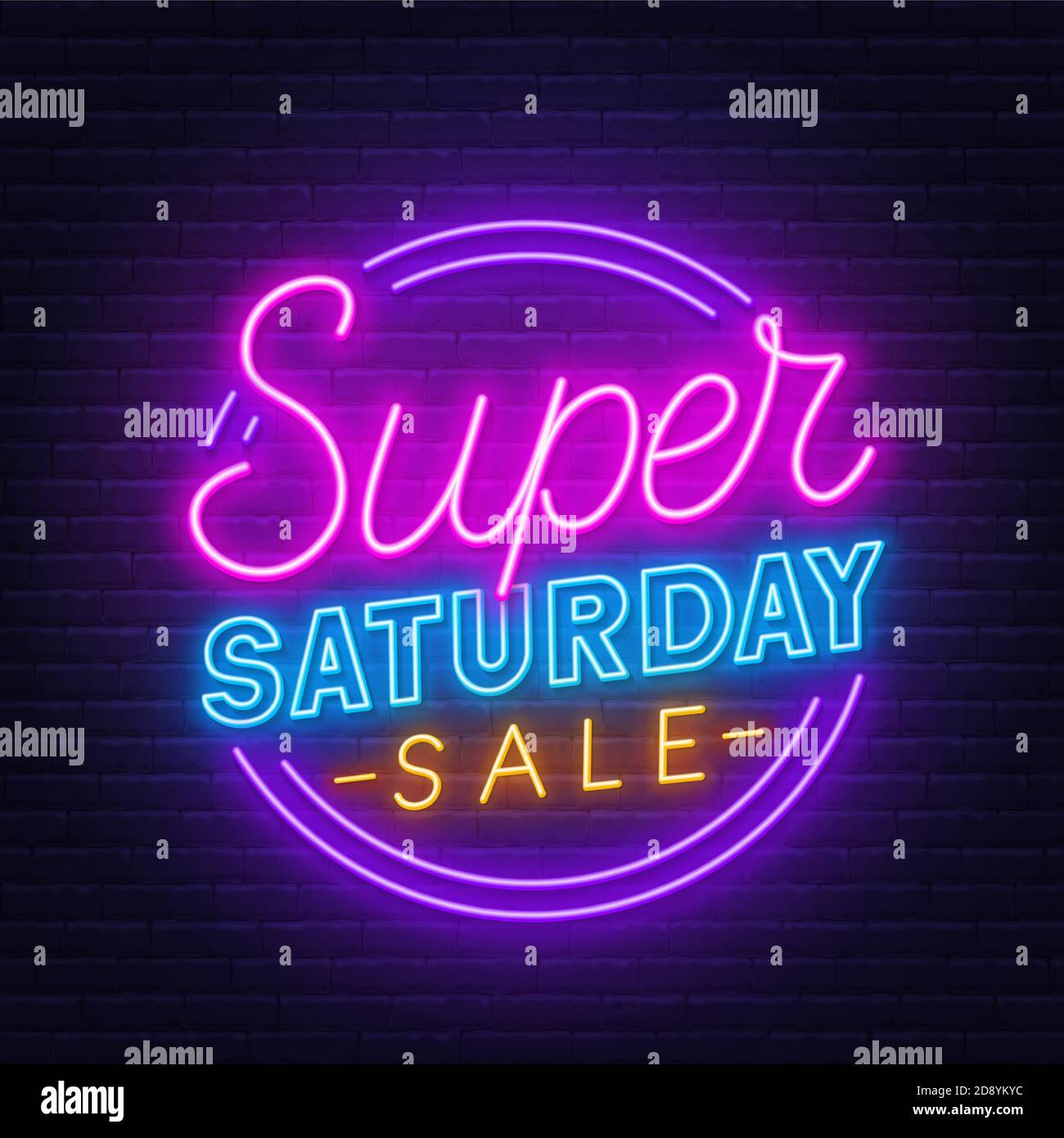 Super Samstag Verkauf Neon-Zeichen auf Backstein Wand Hintergrund. Stock Vektor