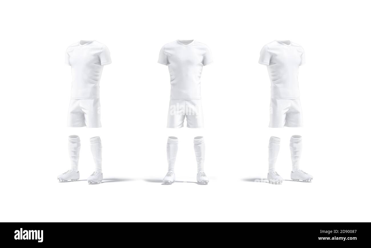 Weiße Fußballuniform mit T-Shirt, kurz, Socken, Stiefel Mockup Stockfoto