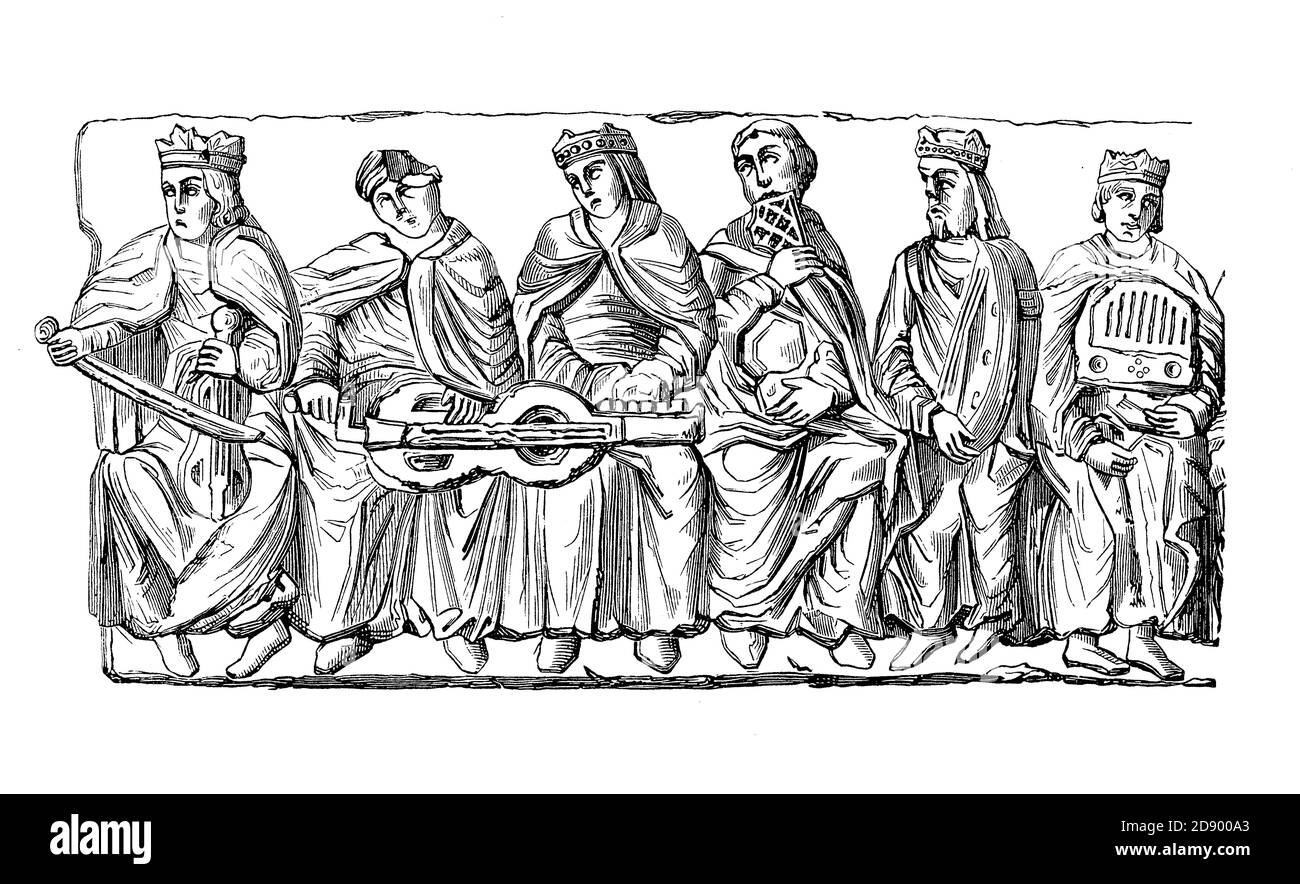 Mittelalterliche musikalische Darbietung: Edle Figuren spielen Saiteninstrumente, Basrelief des 11. Jahrhunderts Stockfoto