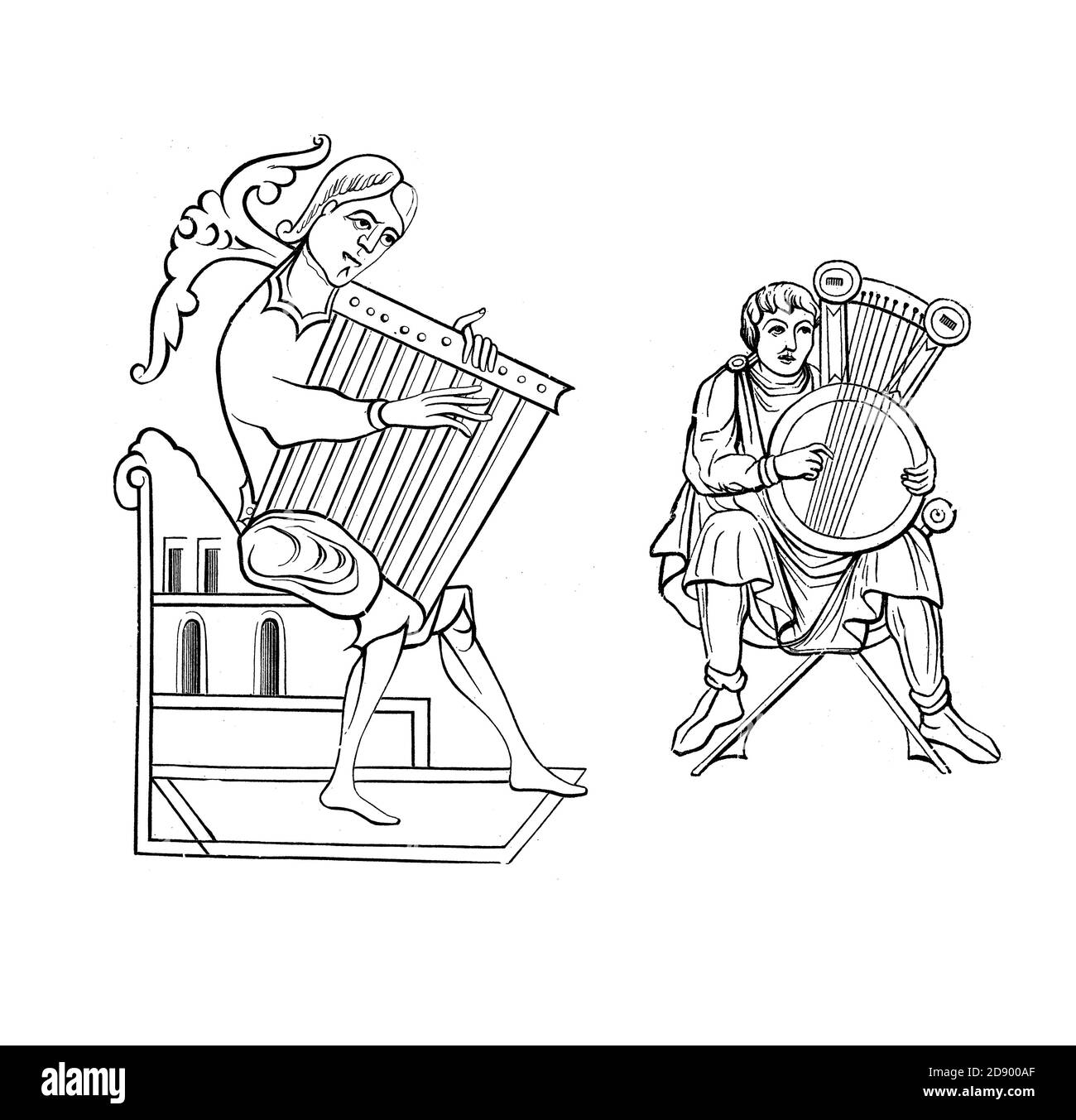 Mittelalterliches Psalterium, harfenähnliches Musikinstrument des 9. (Links) und 12. Jahrhunderts Stockfoto