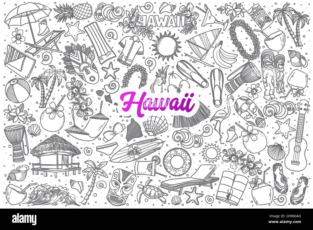 Handgezeichneter Hawaii Doodle Set Hintergrund mit lila Schriftzug in vektor Stockfoto