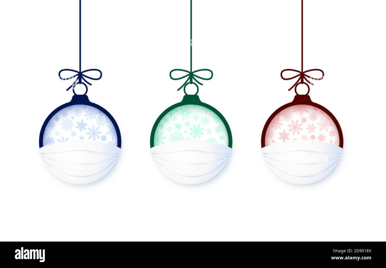 Set aus Papier geschnitten Weihnachtskugel in Gesichtsmaske Symbol Sicherheit und Schutz durch Virus. Stoppen Sie Pandemie und frohe Feiertage. Vektor Stock Vektor