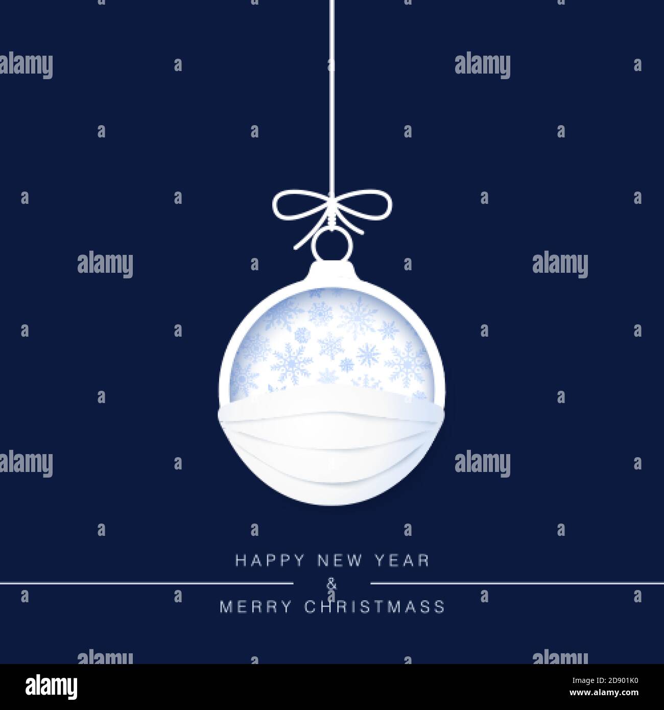 Vorlage Für Neujahrskarte. Papier geschnitten Weihnachtskugel in Gesichtsmaske Symbol Sicherheit und Schutz durch Virus. Stoppen Sie Pandemie und frohe Feiertage. Vektor Stock Vektor
