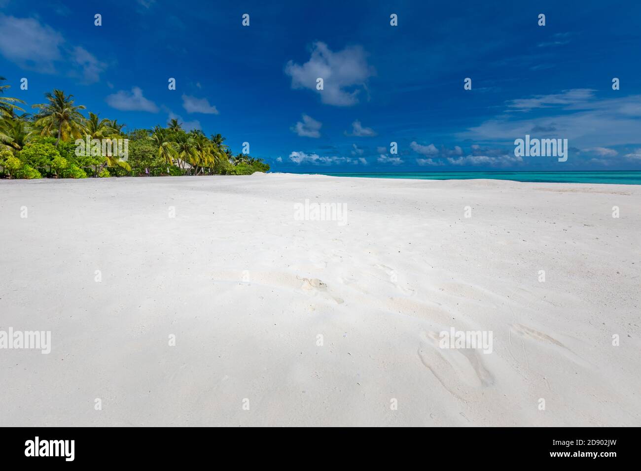 Wunderschöner Strand. Sonniger weißer Sand mit Kopierfläche. Blick auf den schönen tropischen Strand mit Palmen. Urlaubs- und Urlaubskonzept. Tropischer Strand. Stockfoto