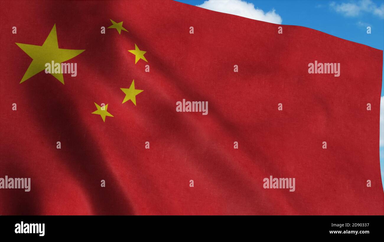 Rote chinesische Flagge winkt im Wind, blauer Himmel Hintergrund. 3d-Rendering Stockfoto
