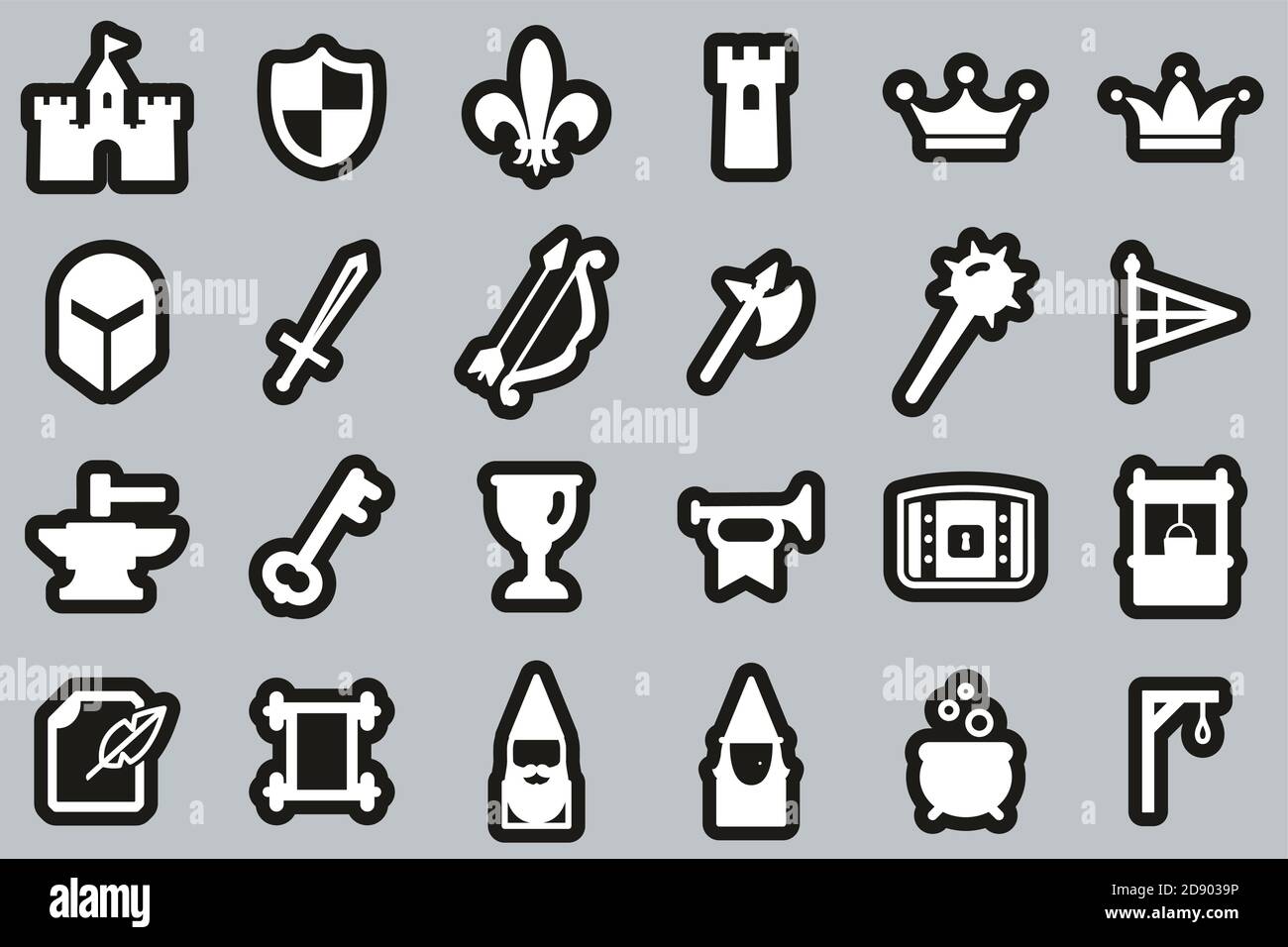 Mittelalterliche Schloss Icons Weiß Auf Schwarz Sticker Set Groß Stock Vektor