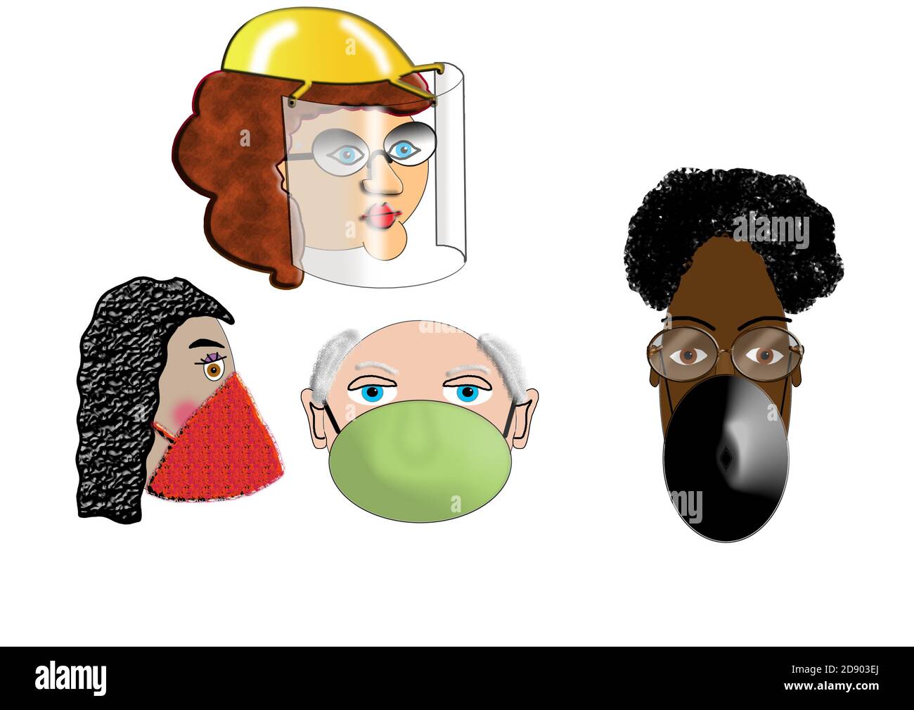 Covid 19 Gesichtsmaske Cartoon Charakter Köpfe gemischte Rasse männlich und weiblich tragen schützende Gesichtsbedeckungen drei maskierte Menschen und eine mit einem Bildschirm. Stockfoto