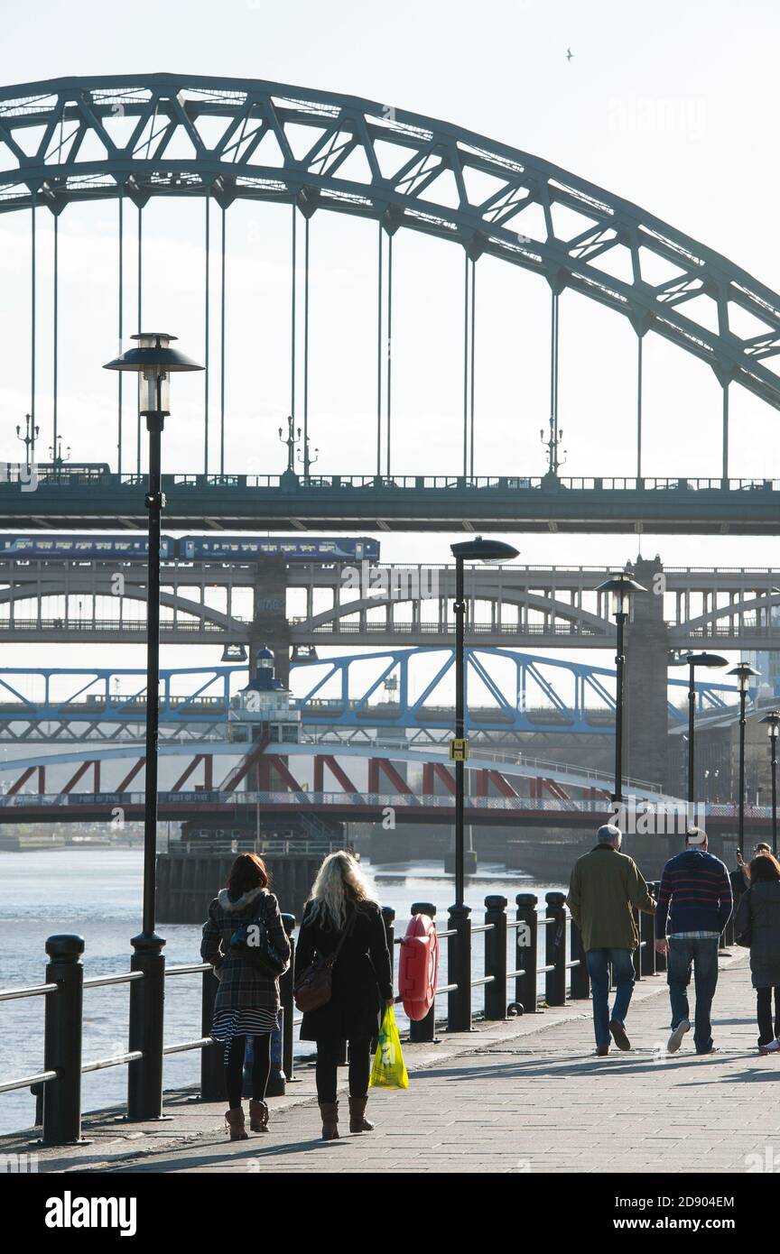 Blick auf einige der sieben Brücken über den Fluss Tyne in Newcastle upon Tyne, Nordostengland. Stockfoto