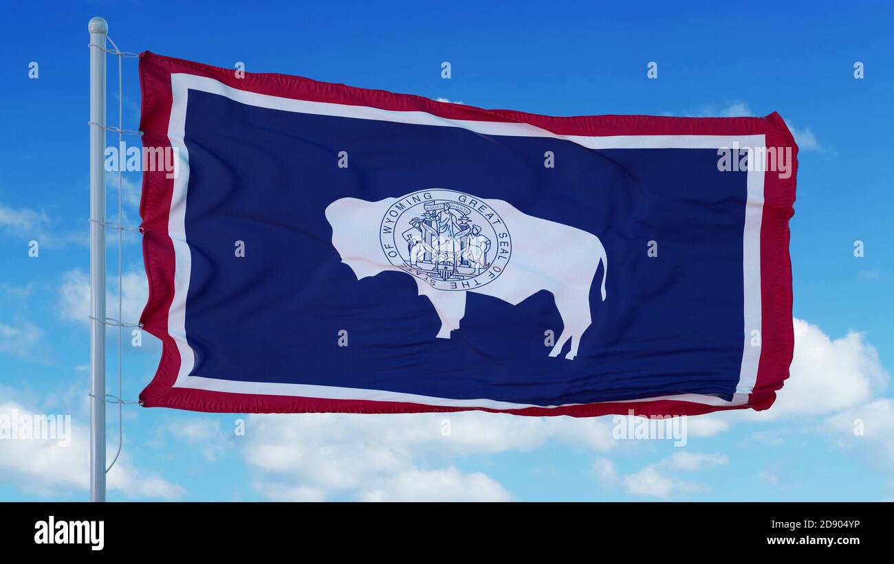 Wyoming Flagge auf einem Fahnenmast winkt im Wind, blauer Himmel Hintergrund. 3d-Rendering Stockfoto