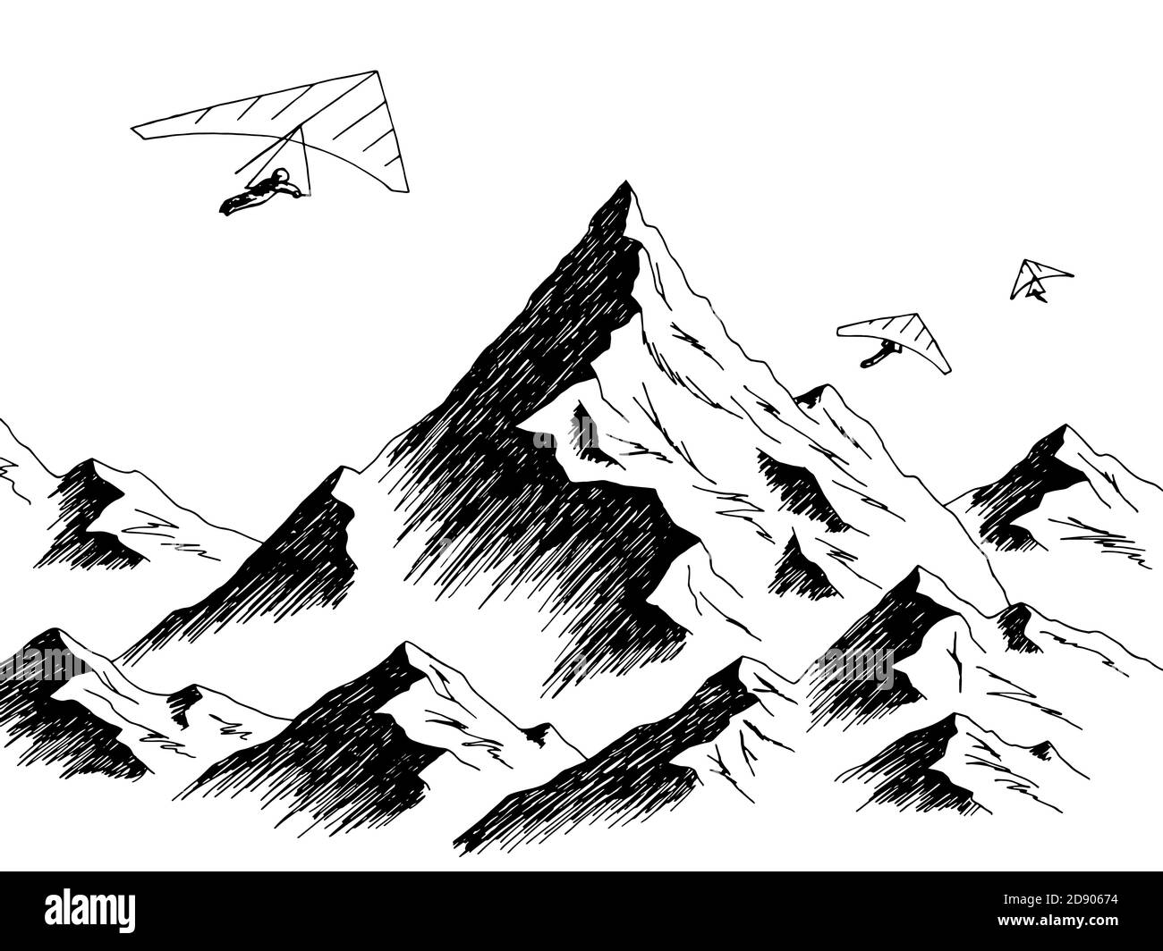 Hängegleiter fliegen in den Bergen Grafik schwarz weiß Landschaft Vektor der Skizzendarstellung Stock Vektor