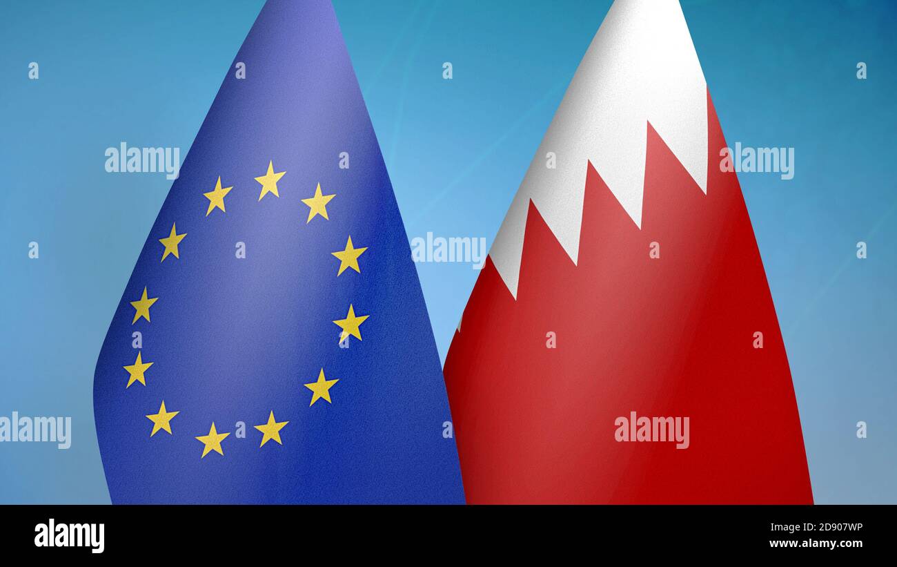 Europäische Union und Bahrain zwei Flaggen Stockfoto