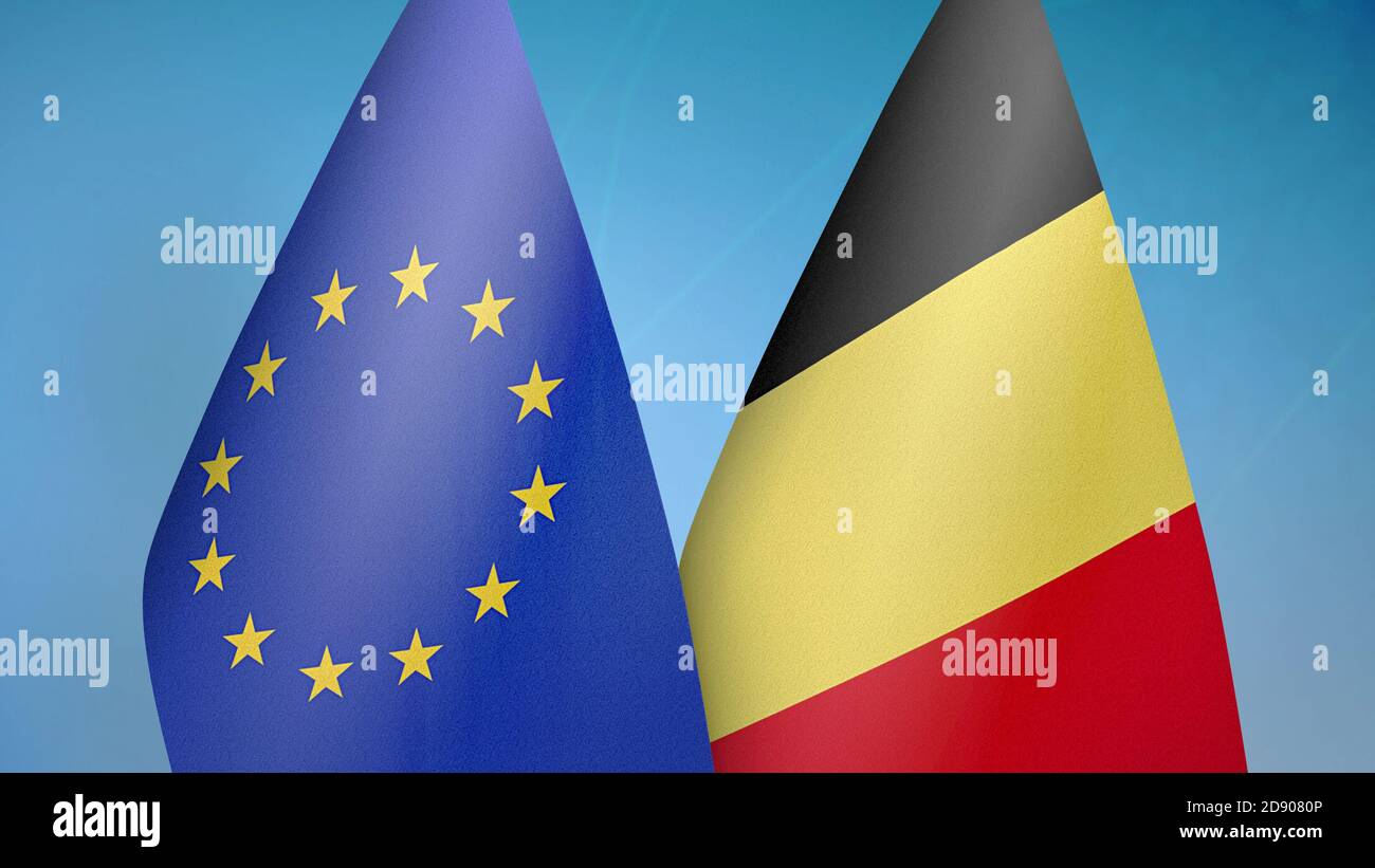 Europäische Union und Belgien zwei Flaggen Stockfoto