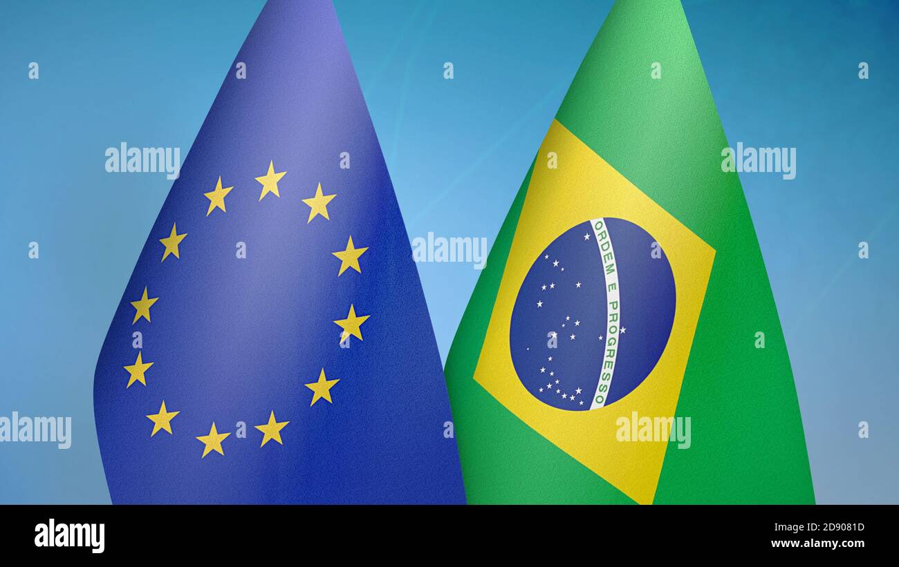 Europäische Union und Brasilien zwei Flaggen Stockfoto