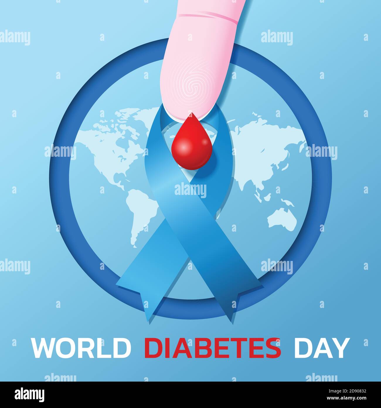 Welt Diabetes Tag Logo oder Banner mit blauem Band und Bluttropfen auf dem Finger Stock Vektor