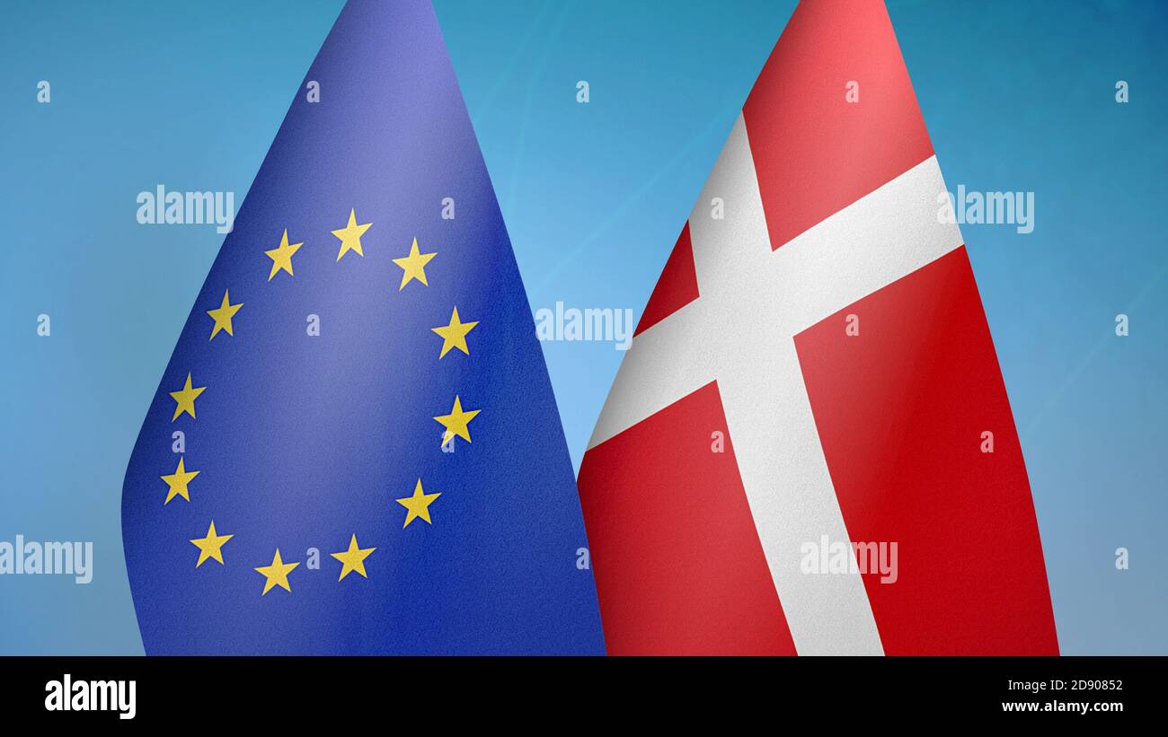 Europäische Union und Dänemark zwei Flaggen Stockfoto