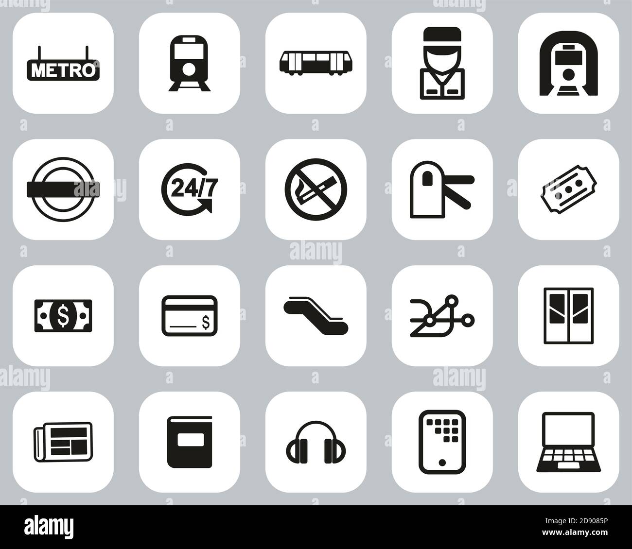 Metro Oder Subway Icons Black & White Flat Design Set Groß Stock Vektor
