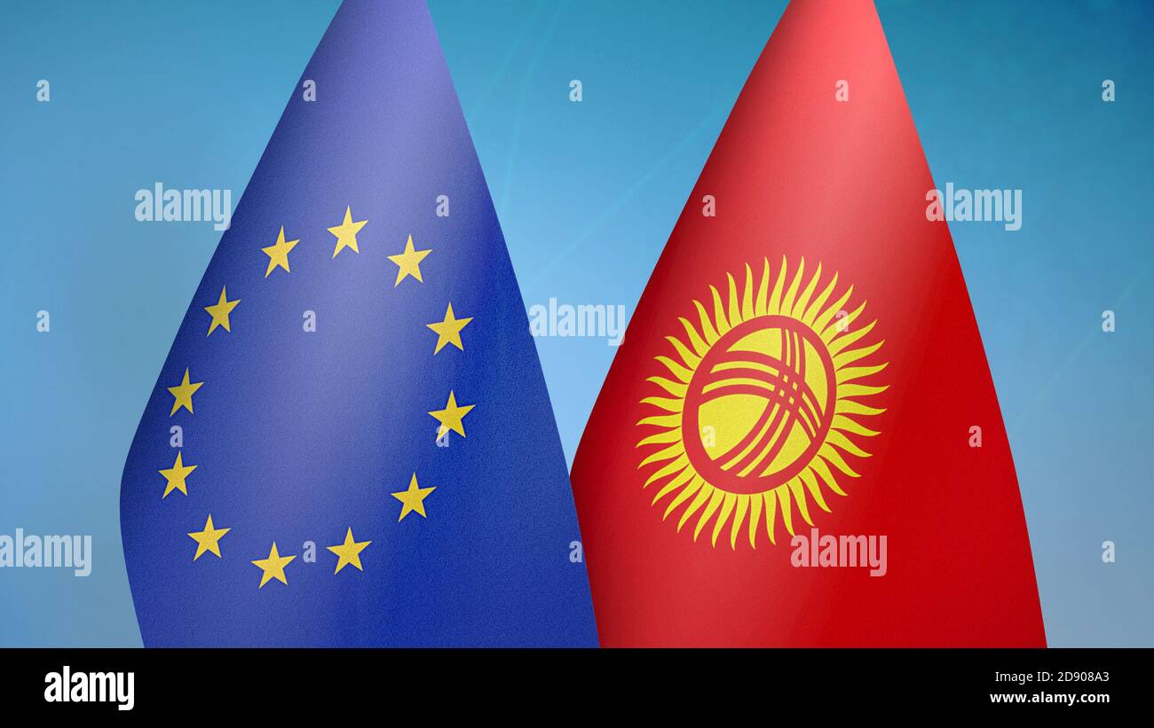 Europäische Union und Kirgisistan zwei Flaggen Stockfoto