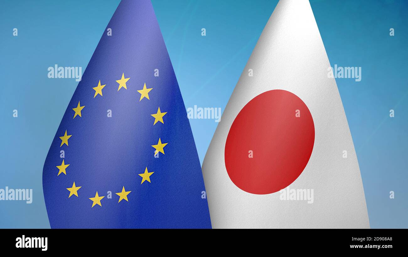 Europäische Union und Japan zwei Flaggen Stockfoto