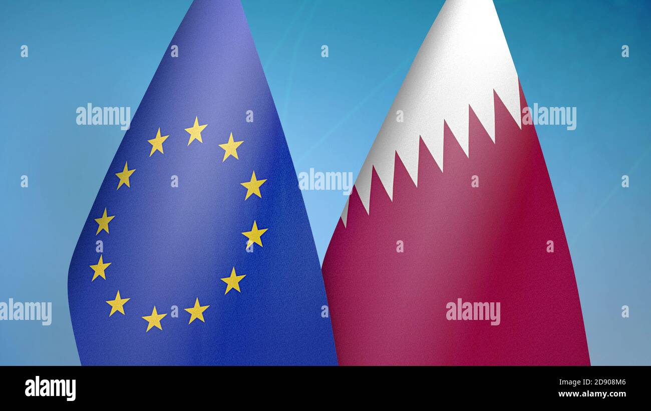 Europäische Union und Katar zwei Flaggen Stockfoto